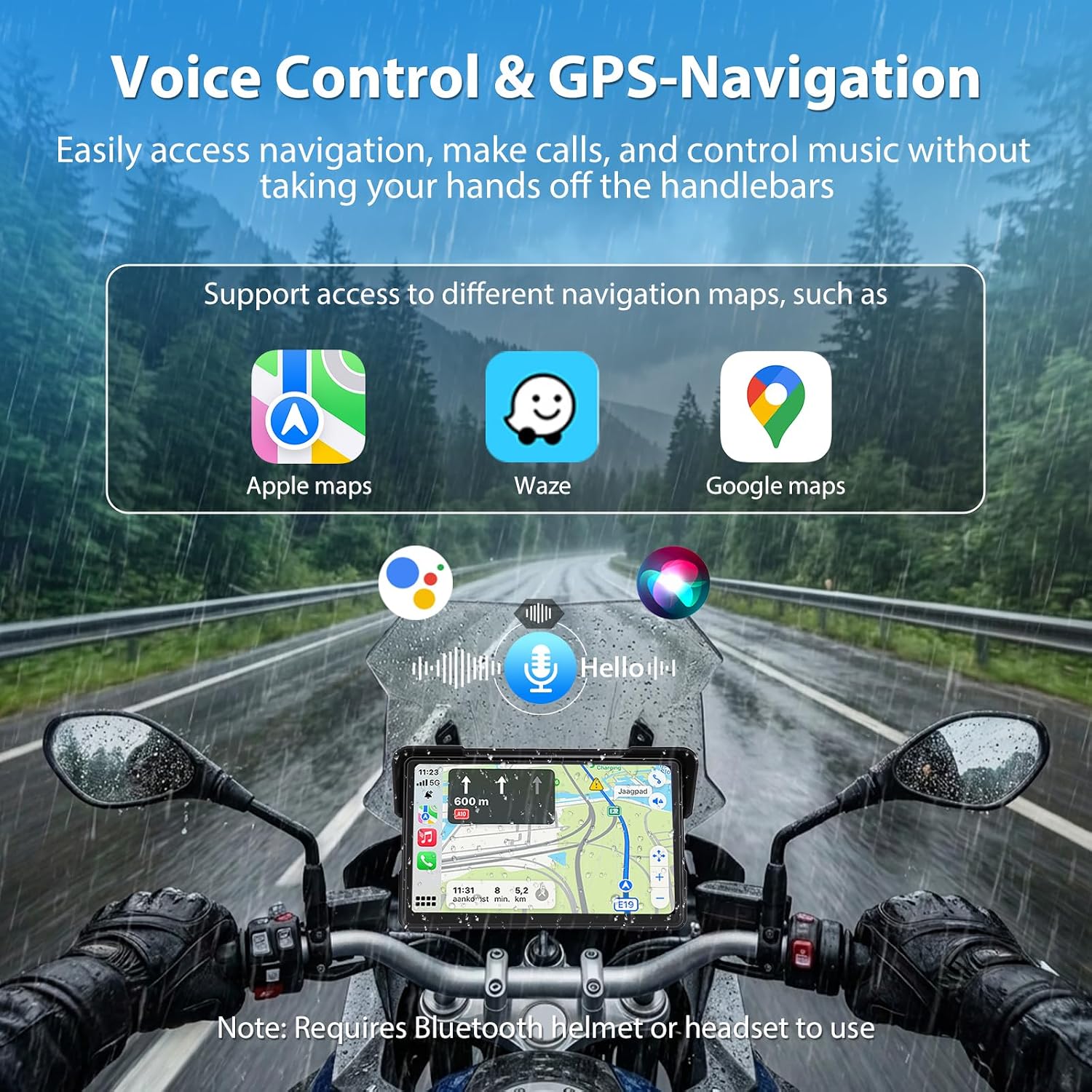 7 Inch Motorcycle Carplay GPS Navigation System with Apple Carplay and Android Auto Portable Screen with Dual Bluetooth Navigation Siri/G-oogle Assistant（Not IncludeTPMS）