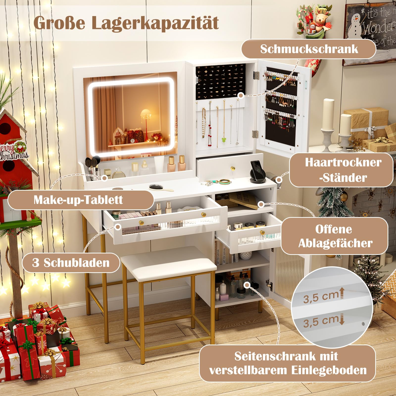 COSTWAY Toaletka z oświetleniem LED, toaletka ze stacją ładującą, szafka na biżuterię, taboret, lustro, 3 szuflady, szafka i uchwyt na suszarkę do włosów, toaletka, biała