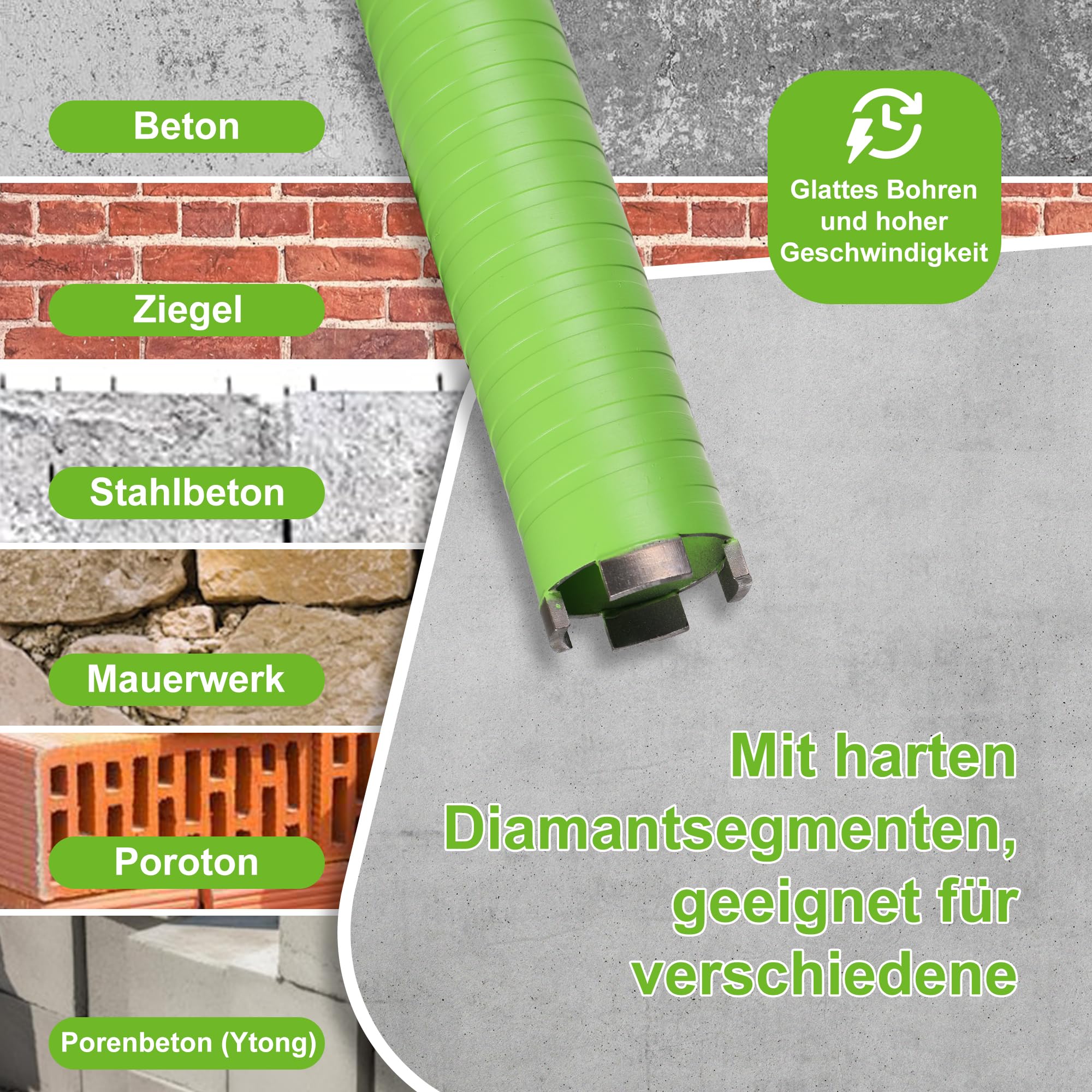 Kernbohrer 52mm Micro Percussion, Nutzlänge 300 mm Turbo Diamantbohrkrone, 1 1/4" UNC Kernbohrkrone, Trocken-bohrkrone für Beton