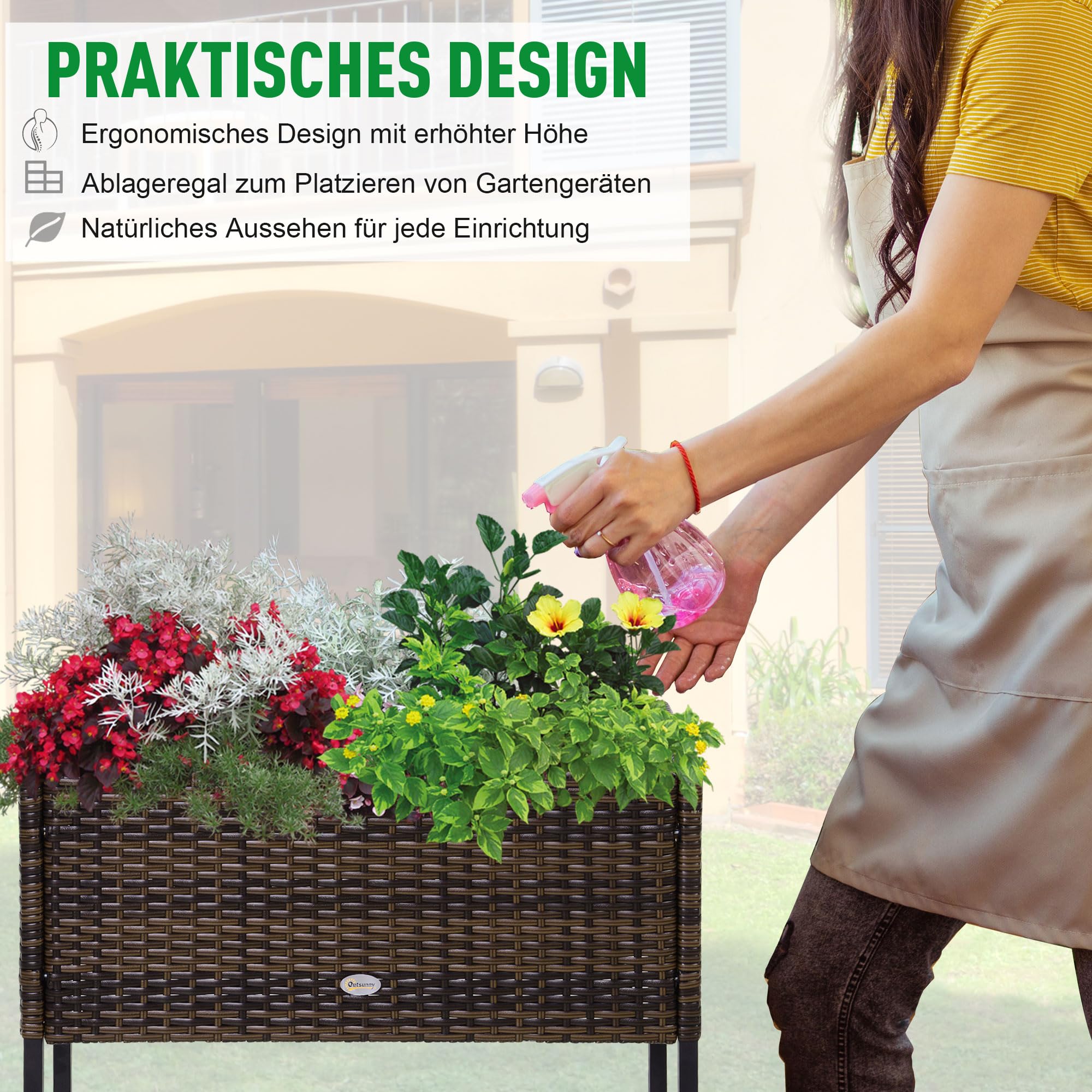 Outsunny Poly Rattan Hochbeet Blumenkasten mit Füßen Braun 70 x 30 x 70 cm