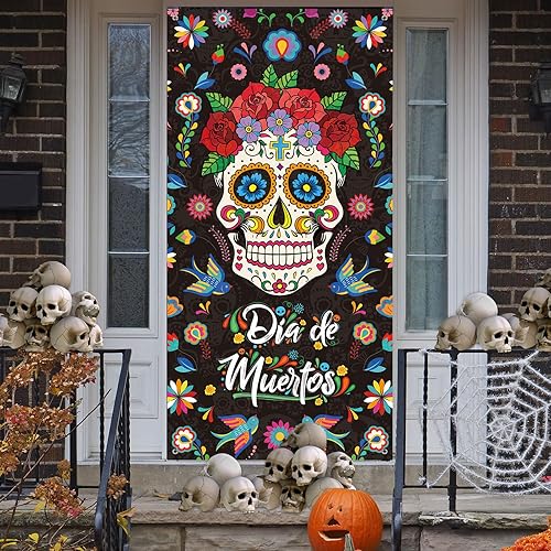 Miniatura 7 de Tiamon 3 carteles de Día de los Muertos con luces LED, decoración de puerta de fiesta mexicana Día de los Muertos, pancarta de puerta de calavera de