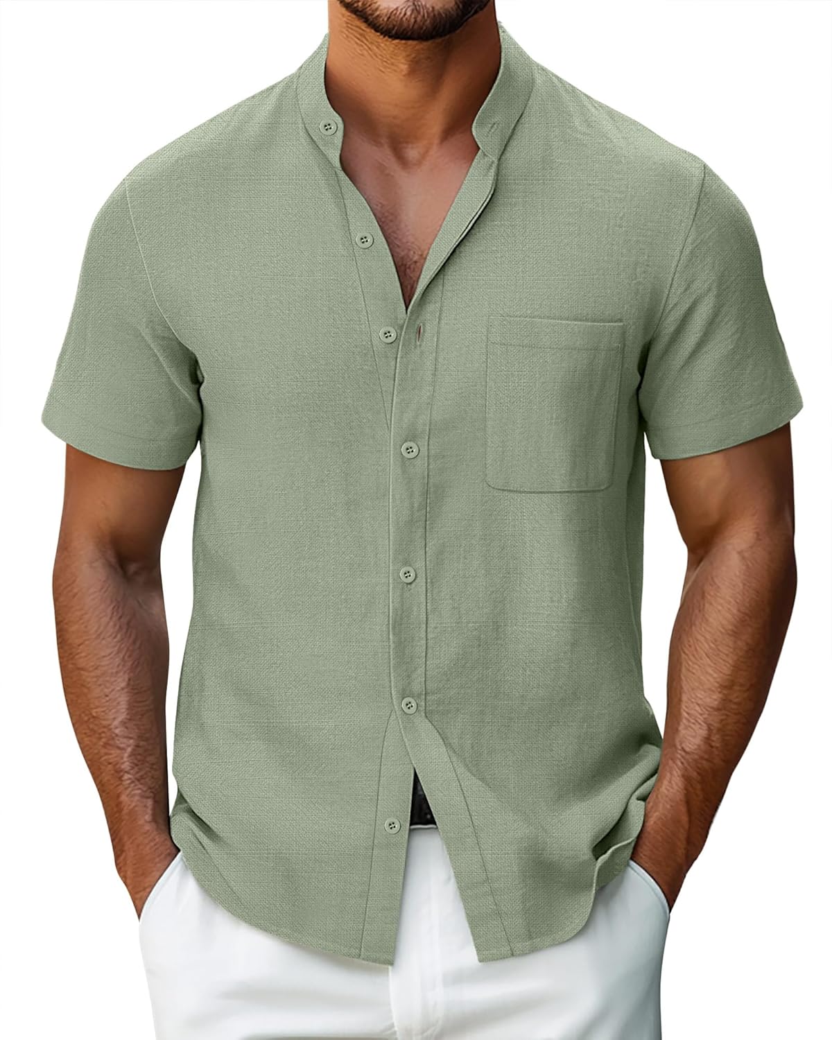 Ficerd Men's Linen Shirts, Short Sleeve Casual Beach Shirts Button Down Band Collar Comfortable Summer Tees M-6XL