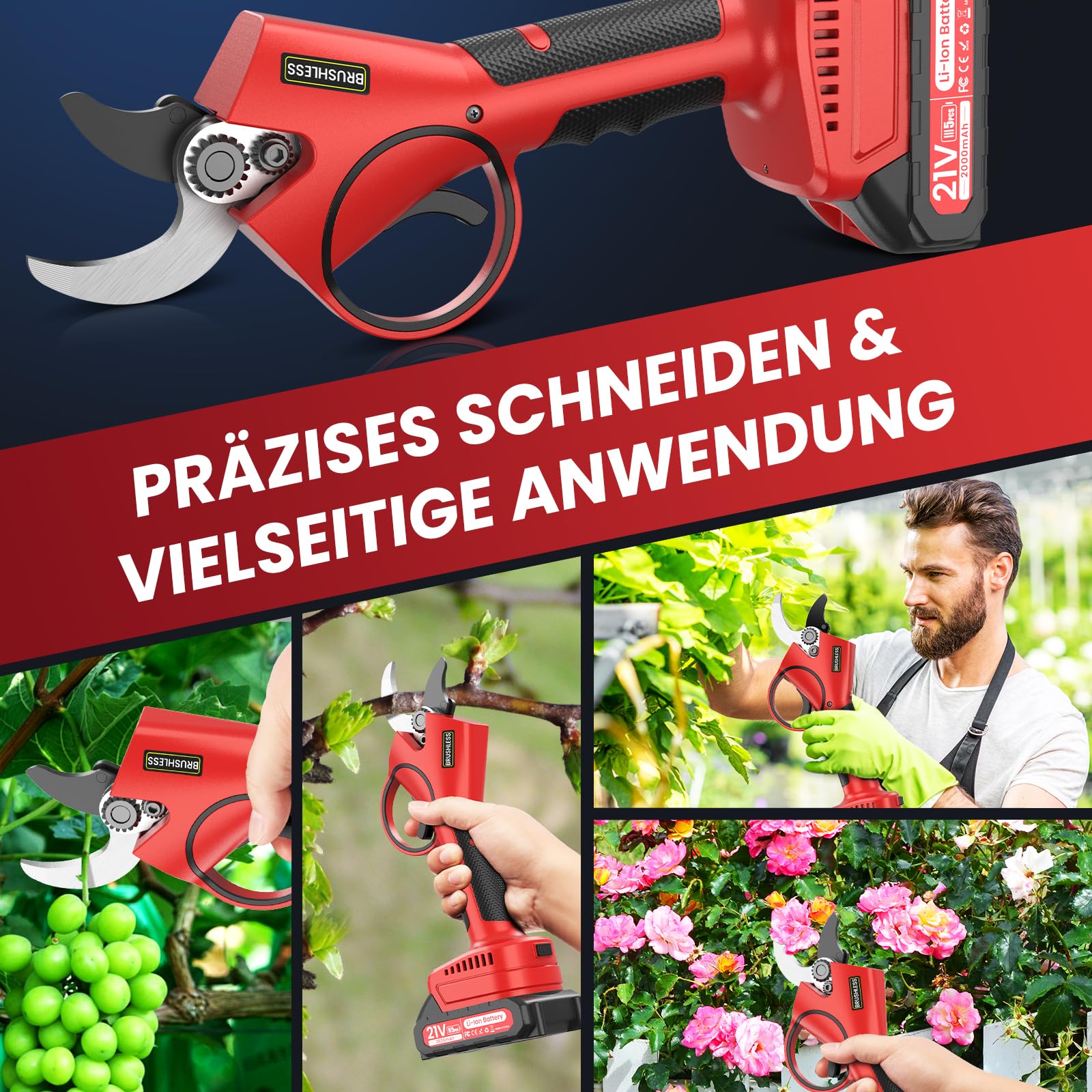 Akku Astschere, 40MM Akku Gartenschere Leistungsstark 800W Elektrische Gartenschere mit 2x2000mAh 21V Akkus, Leistungsstarke, 6-8H Laufzeit, Akku Schere für Obstbäume, Weinreben,Gartenschnitt, Zweige