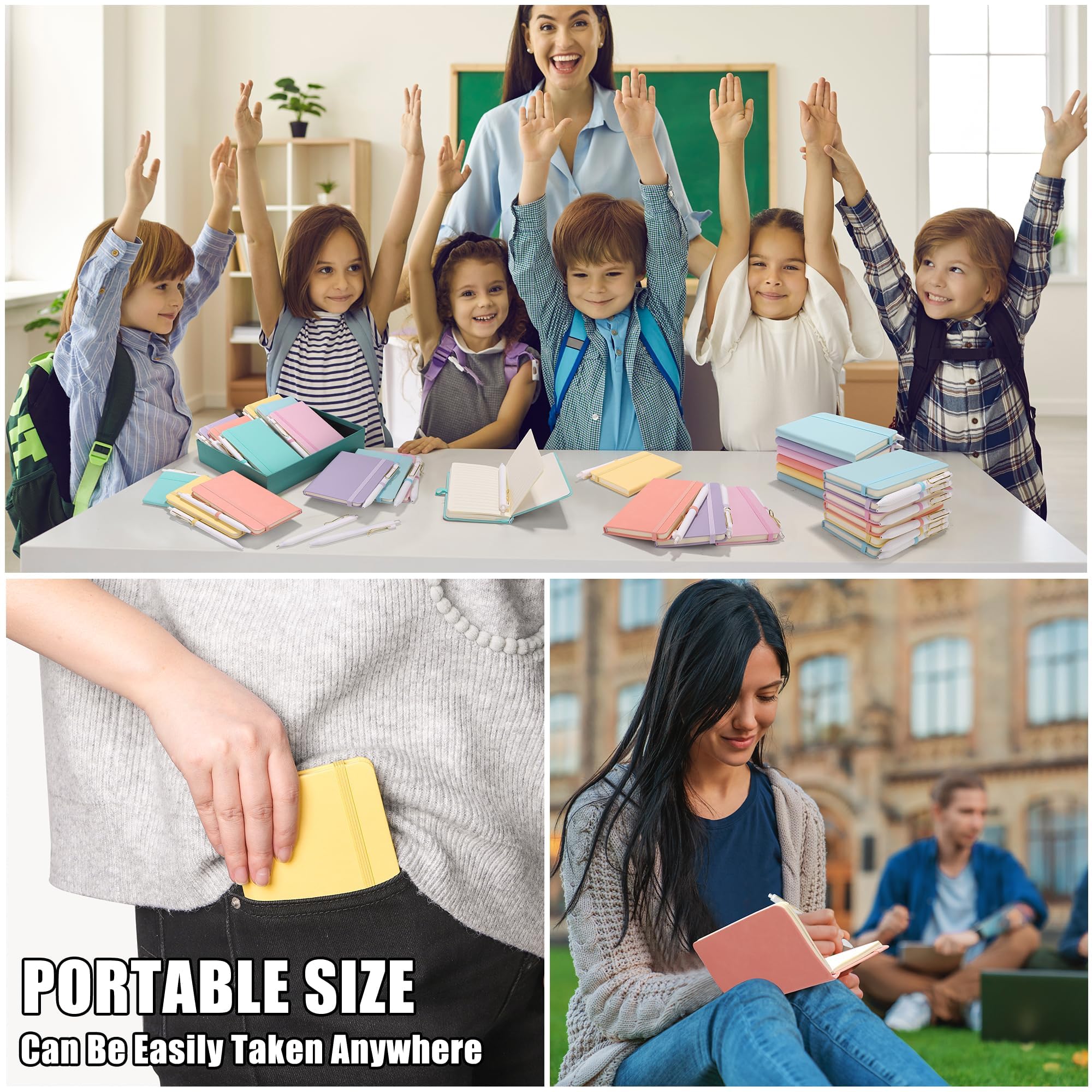 Aodaer 50 juegos de cuadernos de bolsillo con bolígrafos, 160 páginas, 3.5 x 5.5 pulgadas, mini cuaderno rayado A6 de cuero de tapa dura con soporte para bolígrafo para la escuela, oficina, multicolor