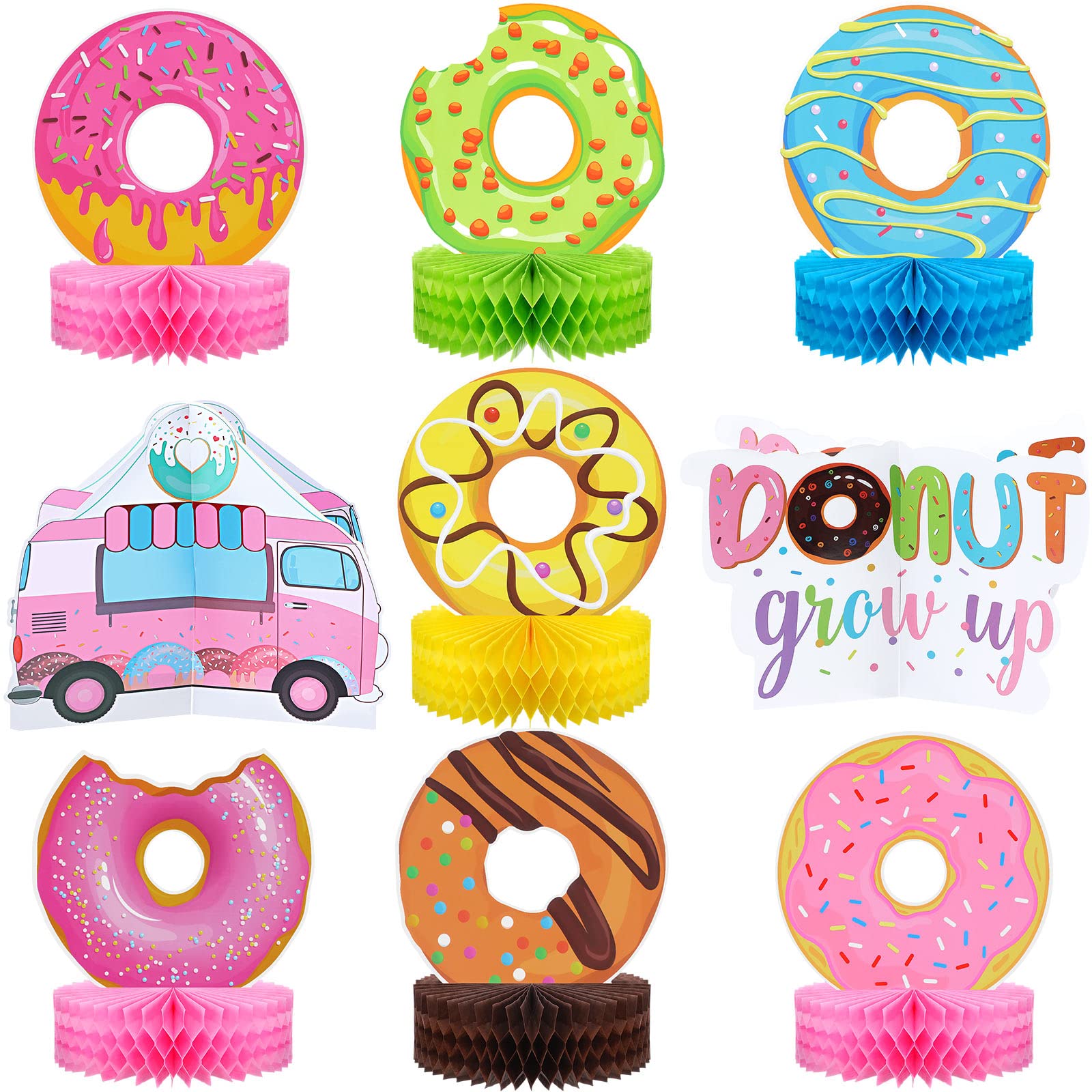 Tinlade 9 Pcs Donut Table Decorations Colorful National Donut Day Honeycomb Centerpieces for Girls Birthday Wedding Grow up Party Dad Baby Shower