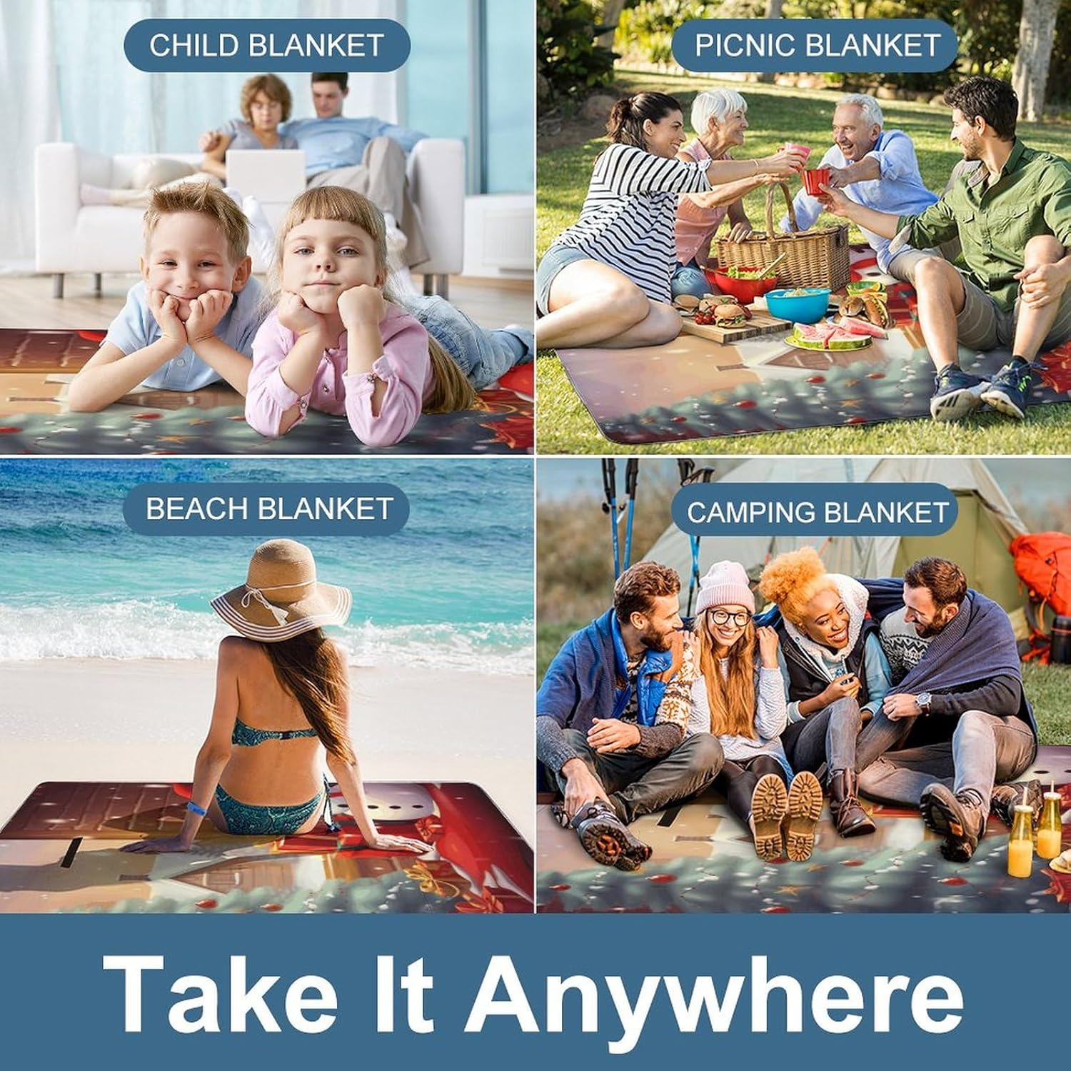 Outdoor Picnic Blanket,Merry Christmas Day Print Picnic Blankets,Large Beach Blanket Sand Free Foldable Portable Camping Blanket, 58.3x58.3