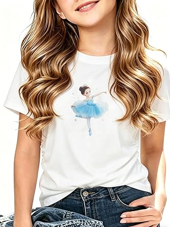 LUCKYLI Girls T Shirt - 3D Tulle Ballet Tee, Shirred Sides, Neck Tape, Digital Print, Romantic Princess Top 4-12Y