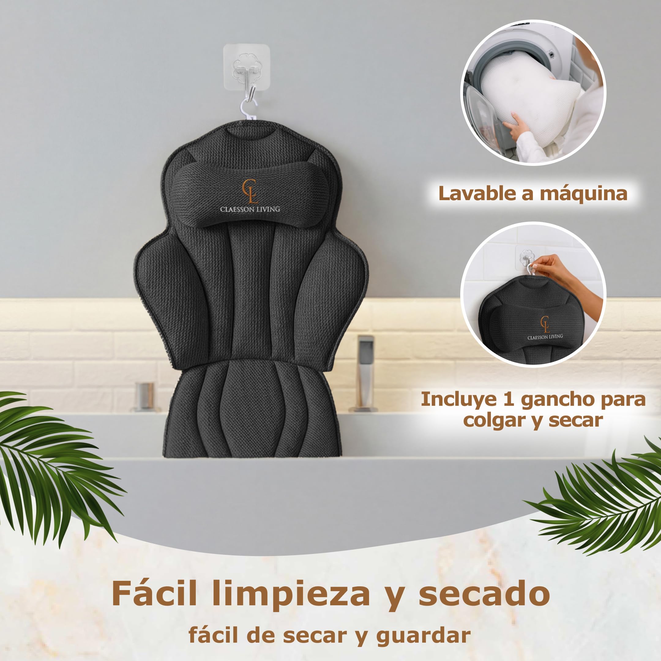 Cojin bañera (152x56cm) - Almohada bañera con apoyacabezas (11cm) y Soportes para el Cuello, Espalda y piernas – Incluye: Bath Pillow, Bolsas de Lavado y de Viaje, Gancho para Secado rápido Negro
