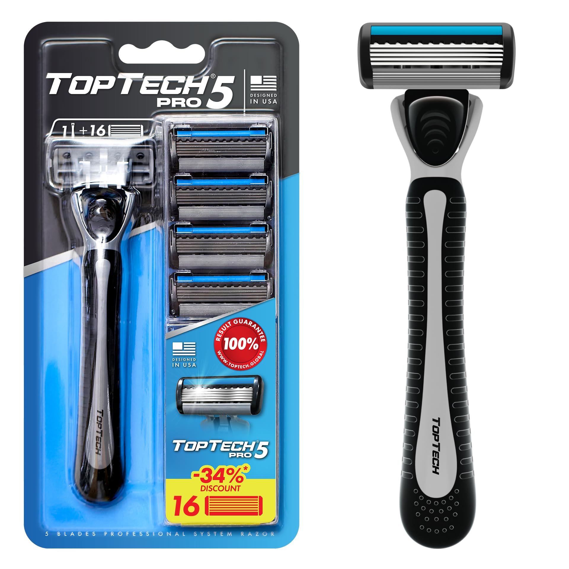 Toptech PRO 5 Razors for Men - Manual Shaving Razor & Replaceable Cartridges - 5-Blade Technology - 18 Count Pack (1 Handle + 17 Refills) - Soft Shave & Sharp Blades - Cost-effective Refill