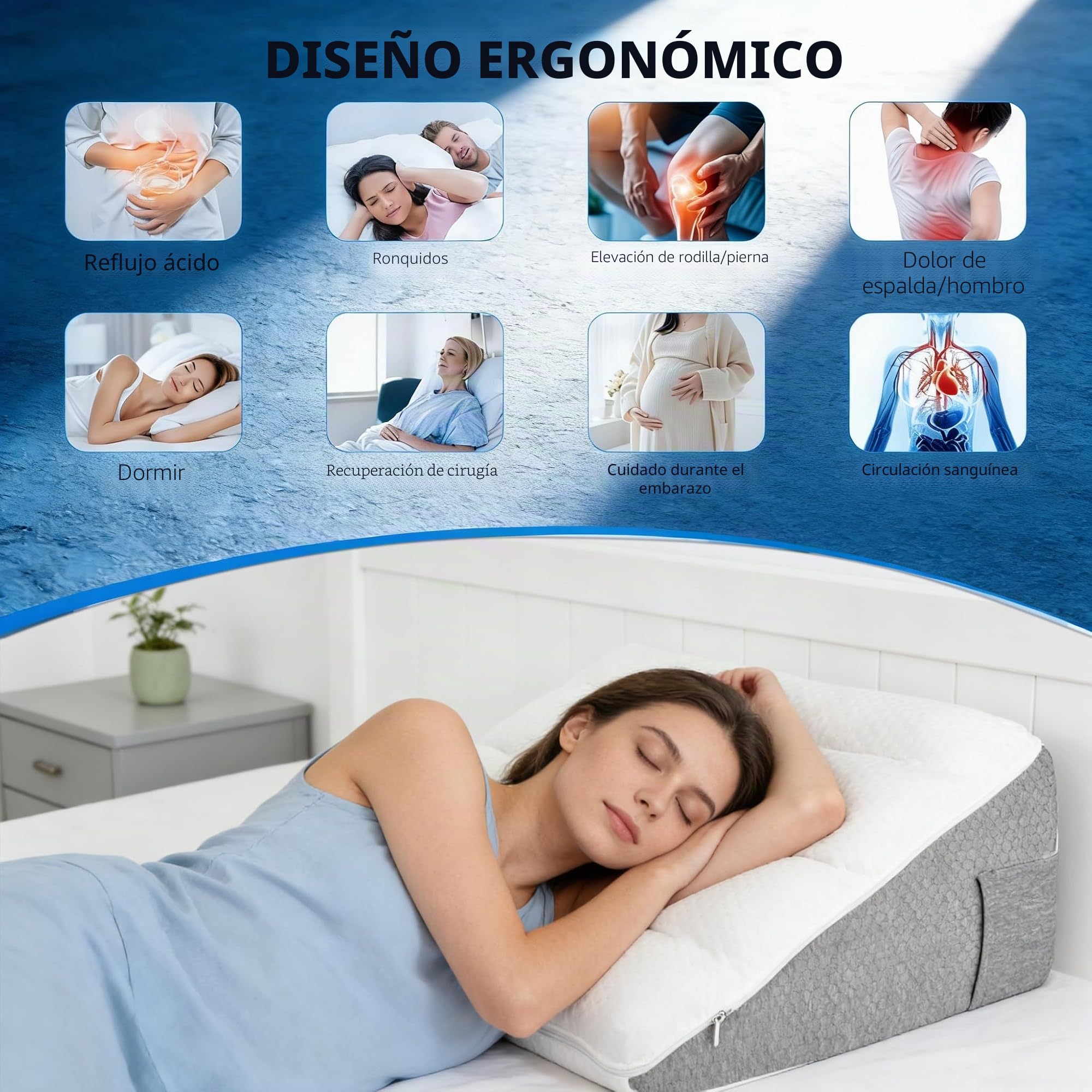 Cojín de cuña para cama y sofá, cojín de lectura doble para cojín de espalda, elevador de cama, cojín de apoyo lumbar, cojín de lectura de espuma de alta densidad para espalda, piernas y