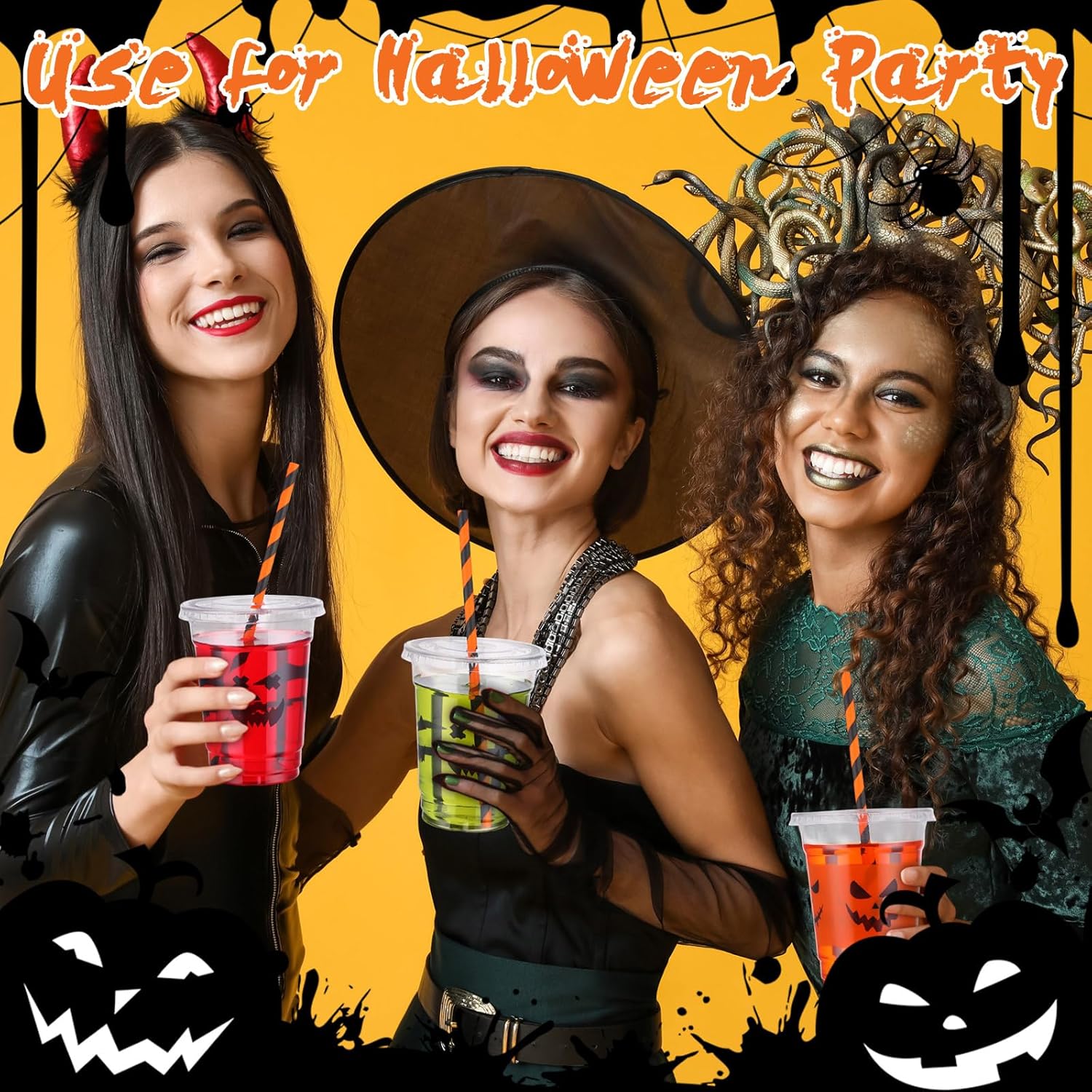 Yaomiao 300 Pcs 12 oz Halloween Plastic Cups with Lids and Straw Halloween Plastic Cup Disposable Clear Tumbler Whiskey Tumbler Black White Emoticons Witch Drinking Set for Party Supply - Image 4