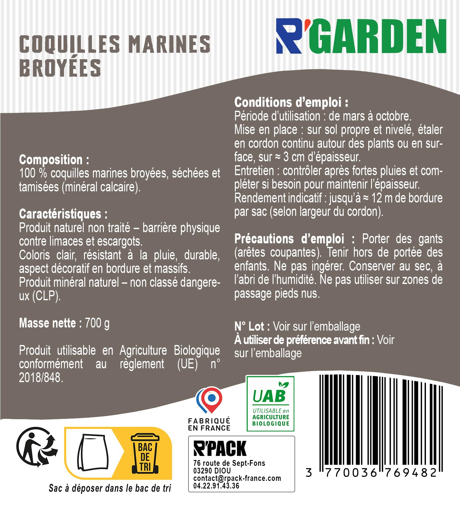 R’GARDEN Coquilles Marines broyées Barrière Naturelle Anti-limaces & escargots Longue durée résistante à la Pluie Paillage décoratif minéral Fabriqué en France 2 kg
