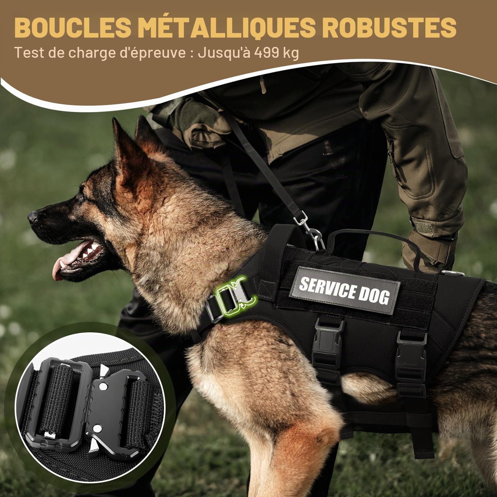 WINSEE - Harnais pour Chien d'assistance de Grande Taille, Gilet Tactique Molle avec 10 Patchs pour Animaux, Harnais Robuste Anti-Traction pour l'entraînement à la Marche