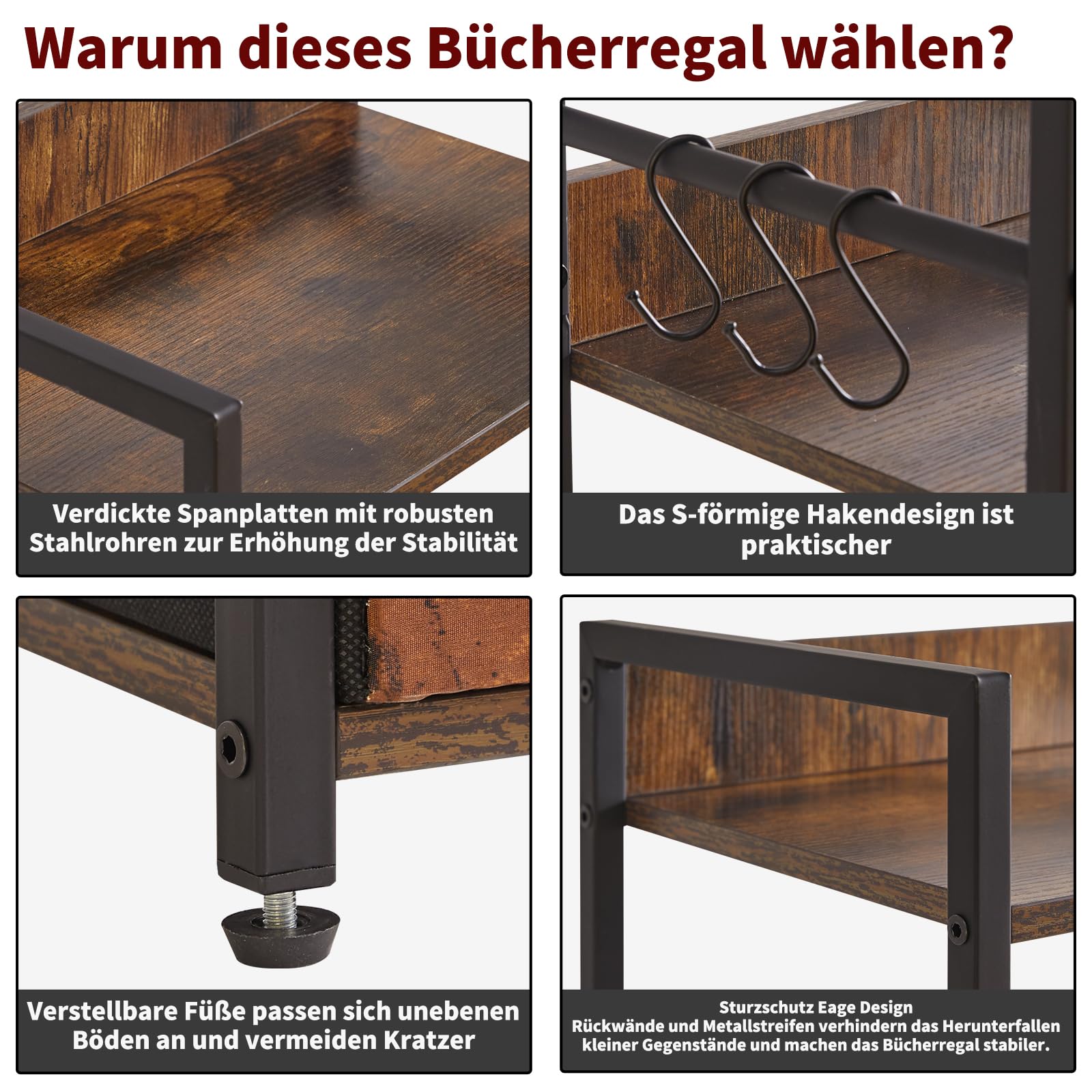 Aibiju Regal-Bücherregal, 5-stufiges industrielles Bücherregal mit Schubladen aus Stoffstoff, freistehendes Regal für Wohnzimmer, Schlafzimmer, Küche, Büro, Stahlrahmen, rustikales Braun YD-BC001H