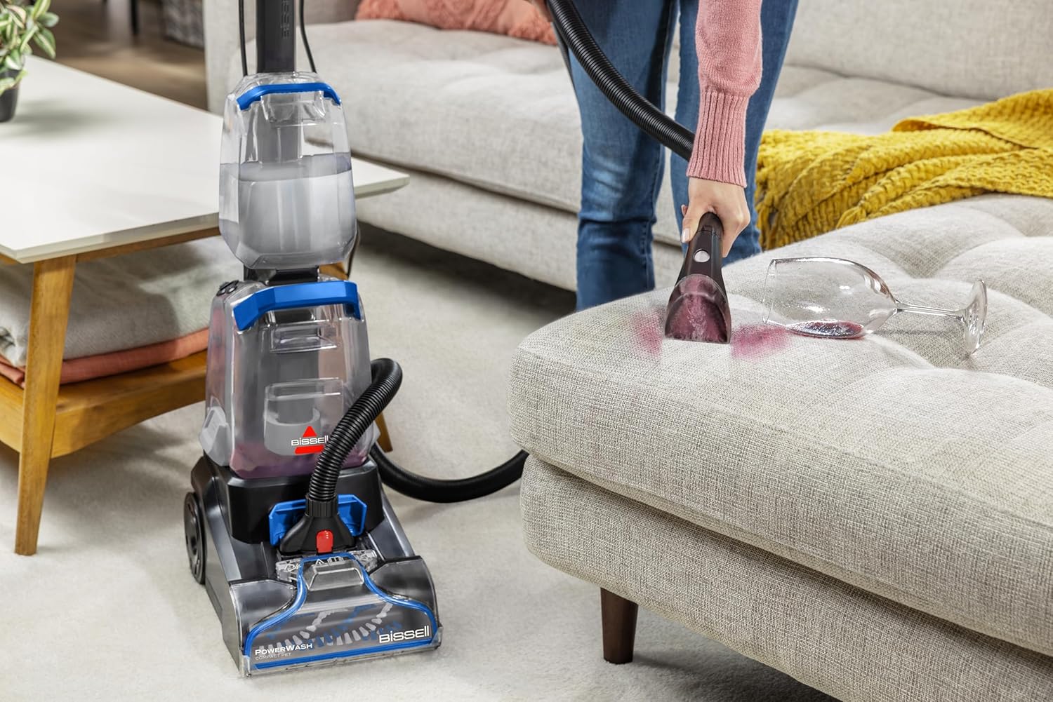 BISSELL PowerWash Compact Pet cleaning upholstery with the hose and tough stain tool