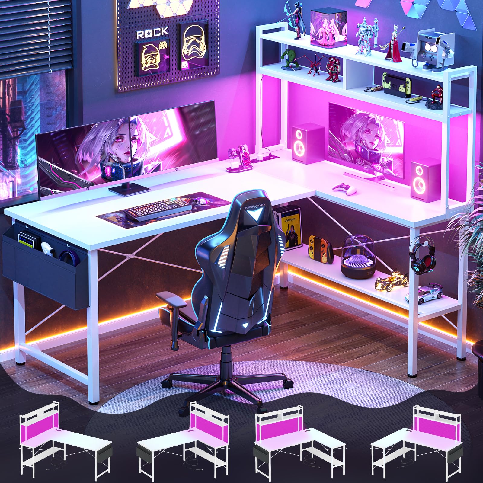 Aheaplus 59" L Shaped Desk Gaming Desk with LED Light & Power Outlet, White
