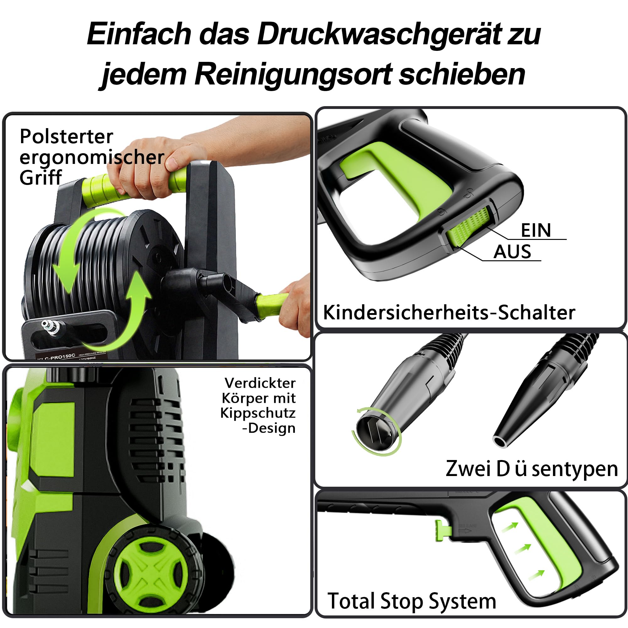 Hochdruckreiniger 200 Bar, Touchscreen 8-stufiger, 6-in-1-Düse, Druck: 100-200bar, Fördermenge: 280-500l/h, Flächenleistung: 60m²/h, Wassersparend, mit 500ml Schaumkanone und Schlauchtrommel