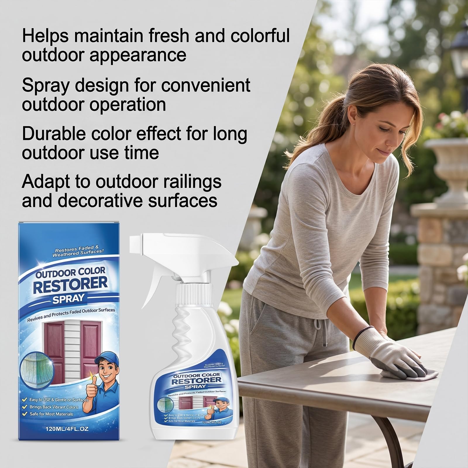Spray restaurador de color para exteriores, solución de restauración de muebles de larga duración, restaura rápidamente superficies de piso de madera dañadas por el sol y oxidadas, protege del