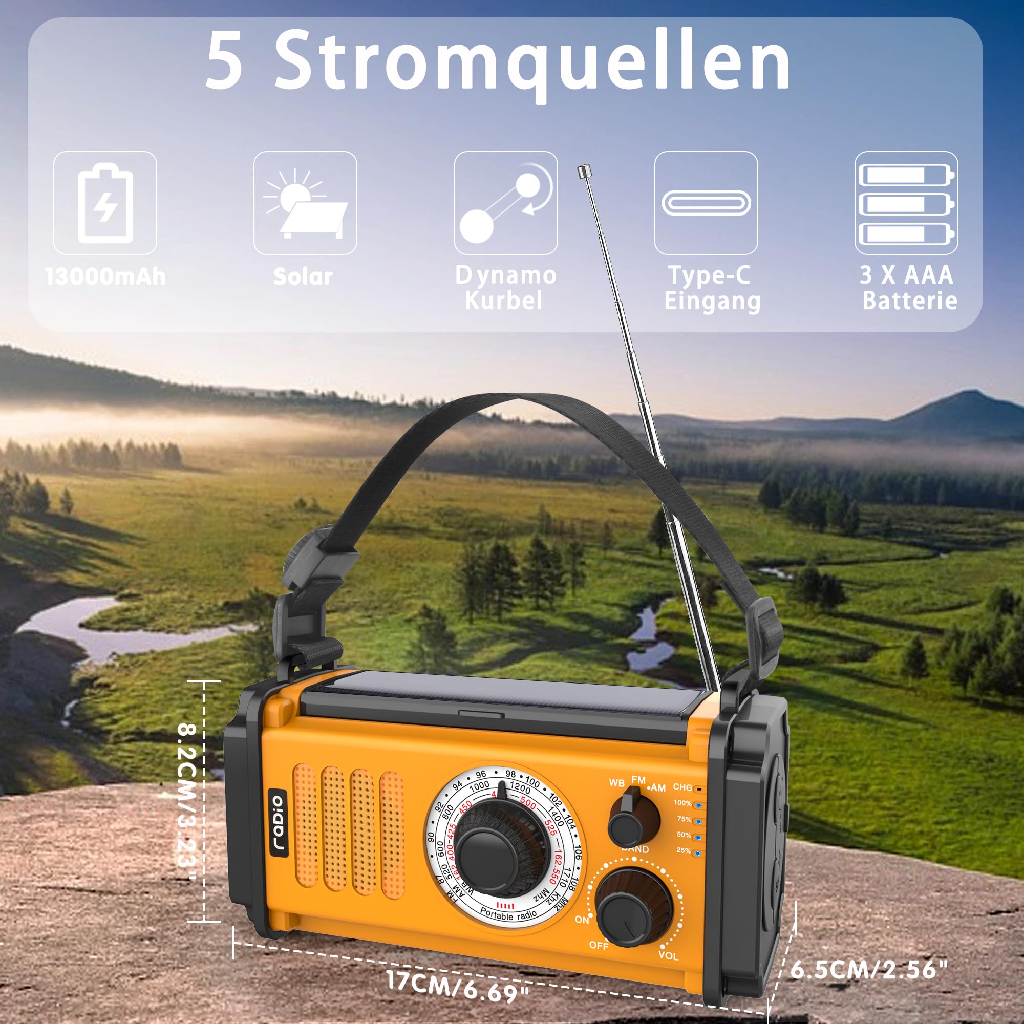 48100mWh/13000mAh Solar Kurbel Notfall Radio, 5-Wege Tragbare AM FM Dynamo Weltempfänger Radio, USB Handy-Lader,800LM Campinglampe| Leselampe,SOS Alarm,Kompass für Blackout Notfallausrüstung Überleben