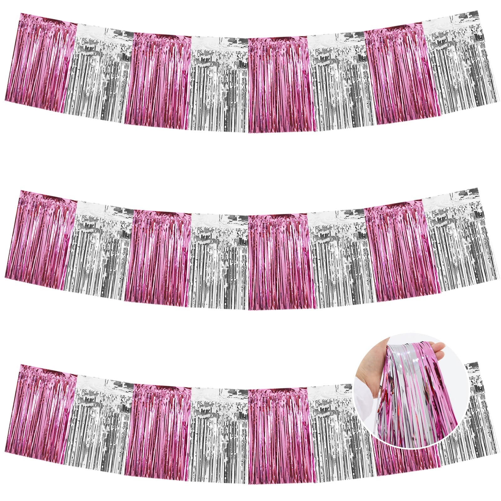 BEISHIDA Pink Silver Fringe Garland Banner 30ft Wall Tinsel Foil Streamers