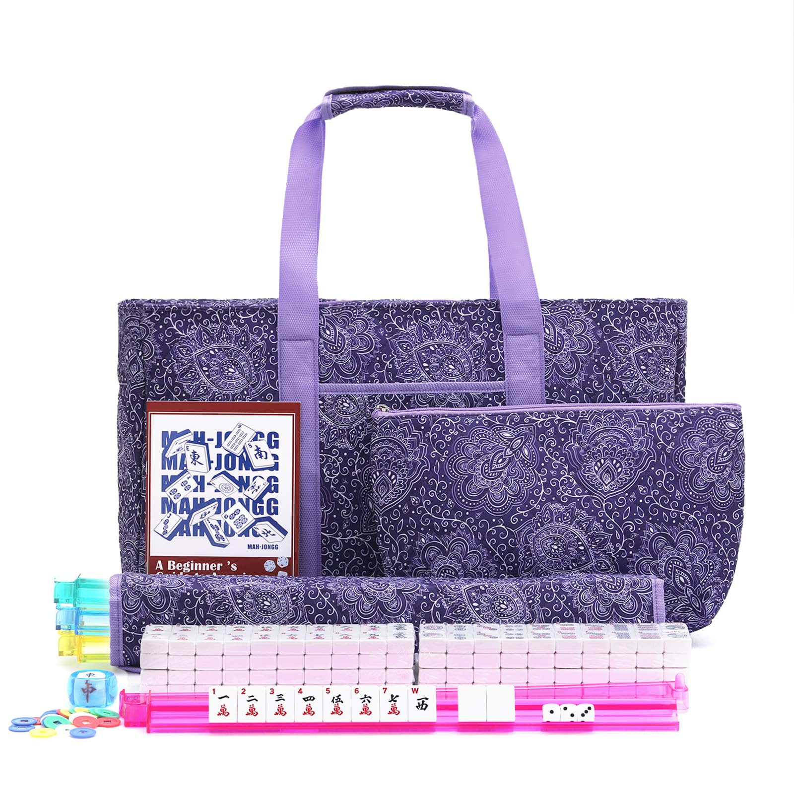 Photo 1 of Kyerlish American Mahjong Tile Set with Purple Printed Carrying Bag, 166 Premium White Tiles, 4 All-in-One Color Racks/Pushers, Mah Jongg Sets, Complete Mahjong Game Set for Travel