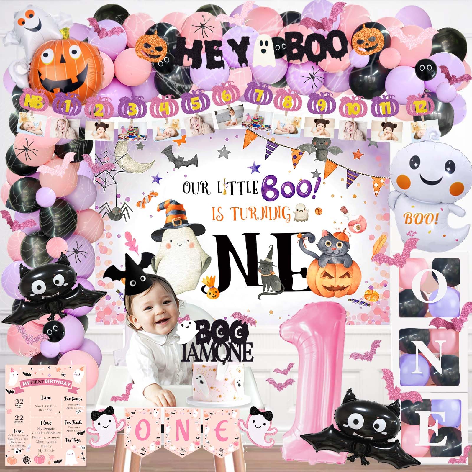 Spooky One Birthday Decorations Girl, Halloween Themed 1st Birthday Party Backdrop Balloon Garland Spider Web Monthly Photo Highchair Banner Cake Topper Box Cutout Poster Bat Hat