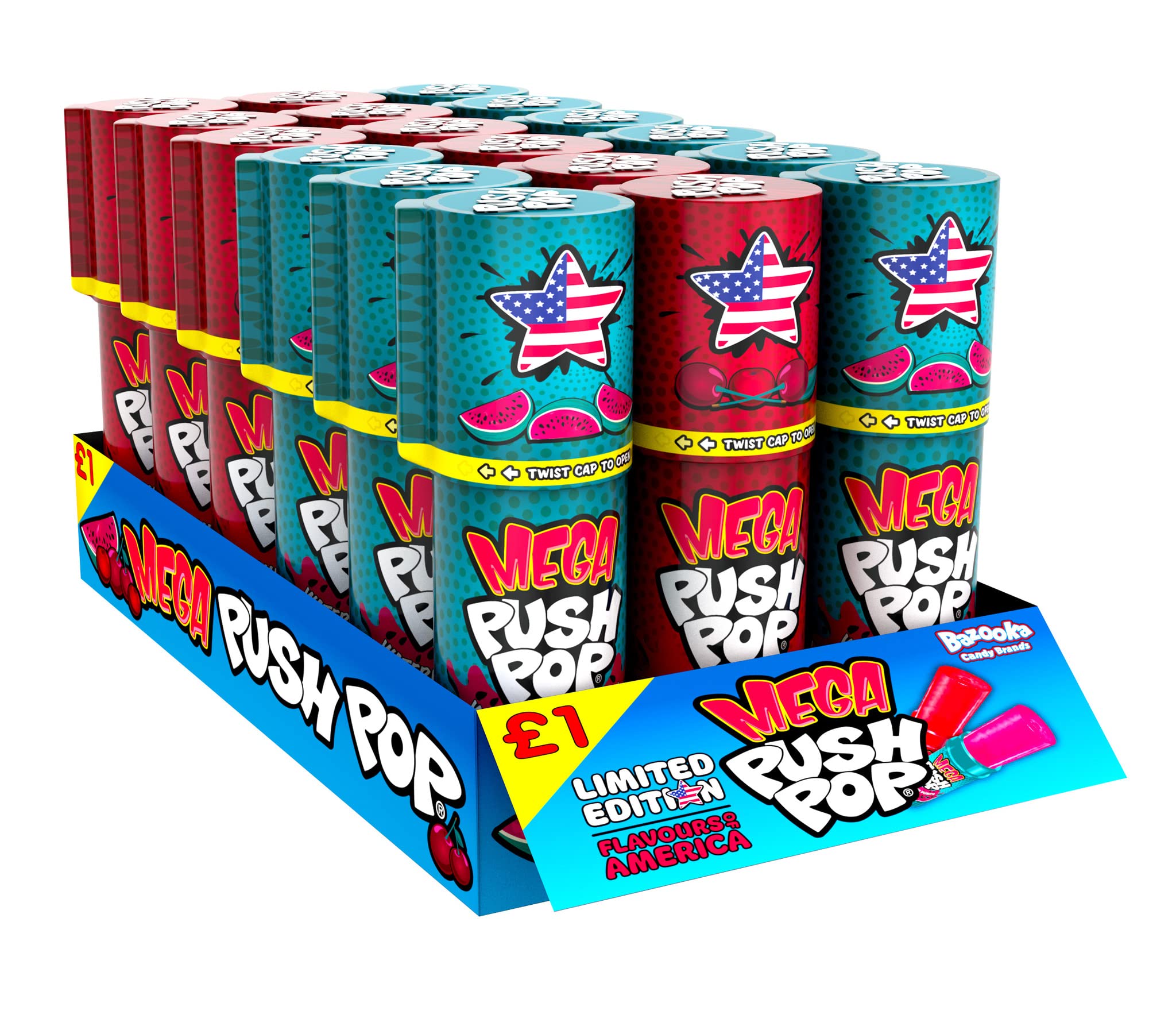 Mega Push Pop Lollipops USA Edition (Pack of 18 Lollipop Sweets Bulk) Twist Cap and Clip, Tasty Kids Sweets for Party Bags, Watermelon & Cherry Pie Lollies - Halal Candy