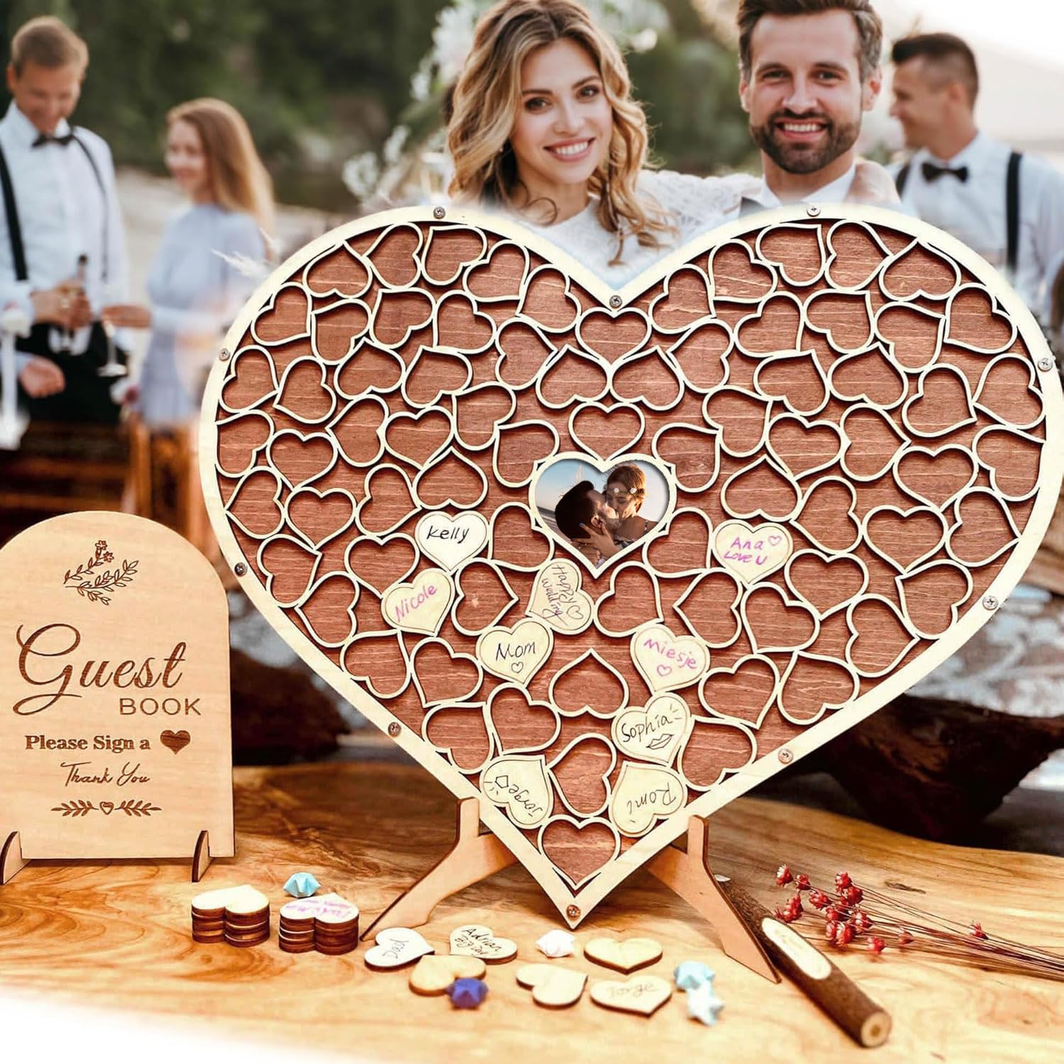 Neamon Wedding Guest Book Unique Wooden Heart Alternative GuestBook Bridal Shower Wedding Decoration with 83 Wooden Hearts 1 Sign Pen Set (Reddish