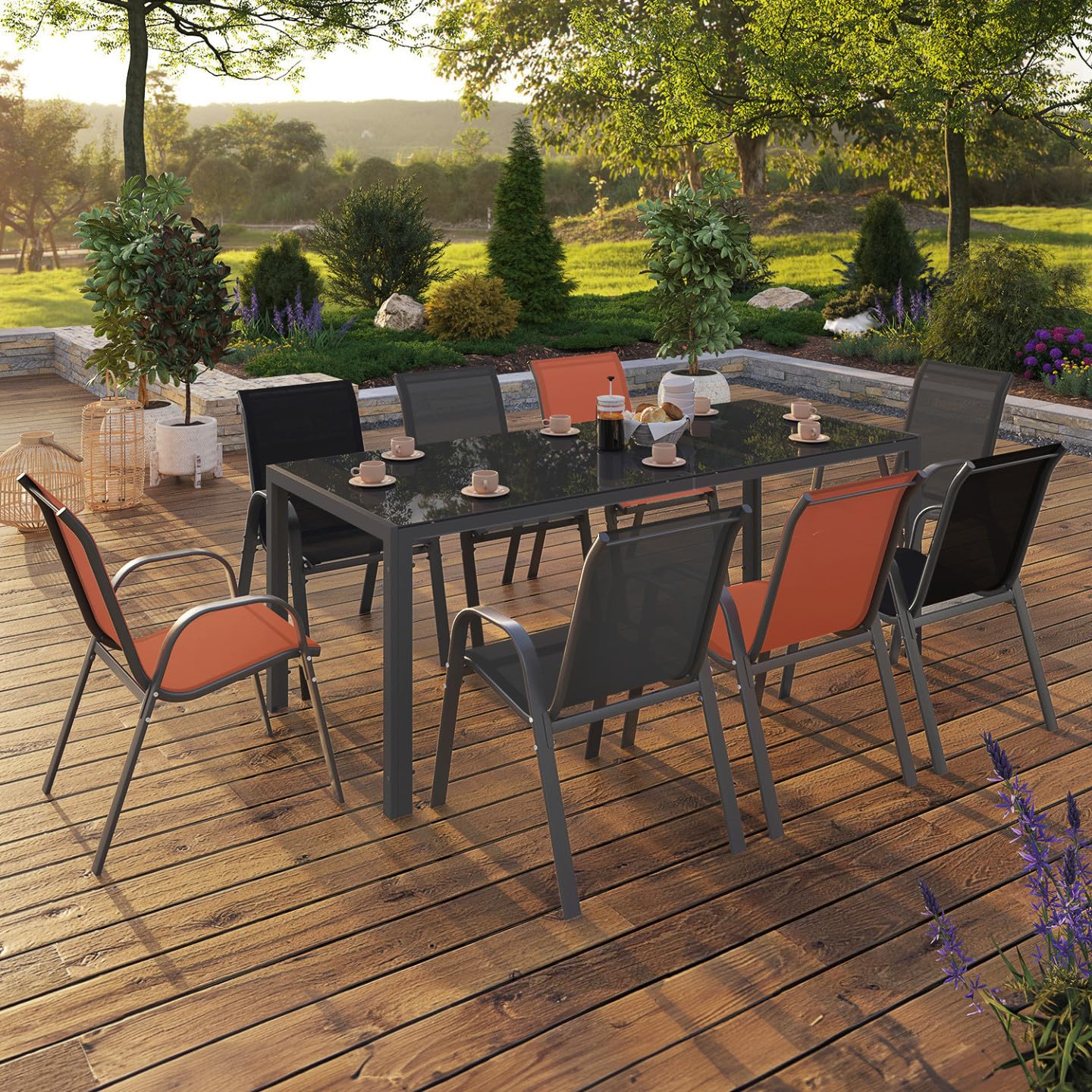IDMarket - Salon de Jardin Madrid Table 190 cm et 8 chaises empilables Mix Color Gris, Noir et Terracotta