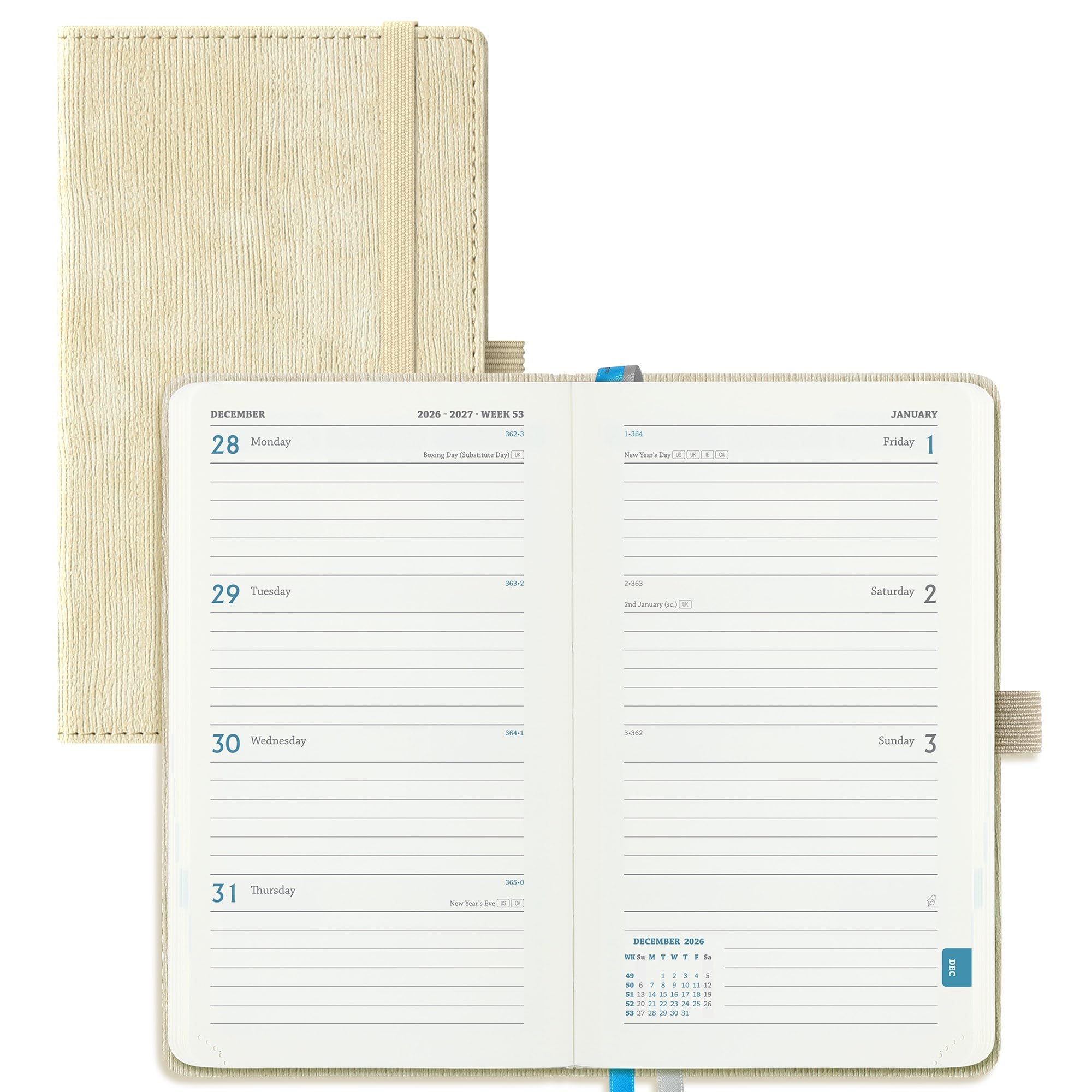 IN-LUXPRO Academic Diary 2026-2027 Week to View Pocket A6 (16.4x9.5 cm) 18 Months (Jul'26 - Dec'27) Mid Year Diary 26/27 Weekly Planner with Timeslots& Month Tabs, PU Leather Beige