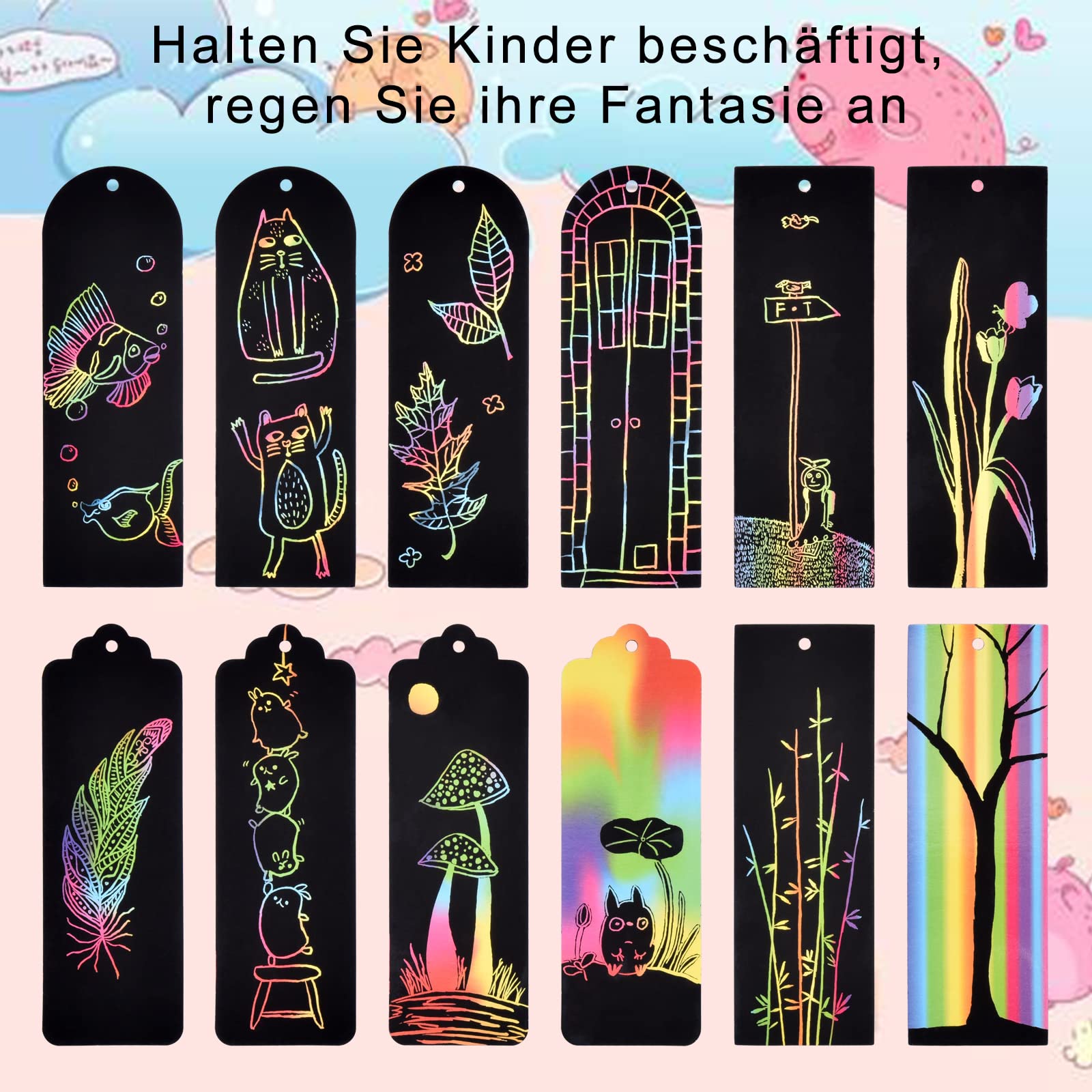 Kit De Marque-pages à Gratter – 20 Pièces Licornes Arc-en-ciel – 10 Stylets En Bois + 20 Rubans Colorés – Activité Créative DIY Pour Enfants – Carte Scolaire, Décoration