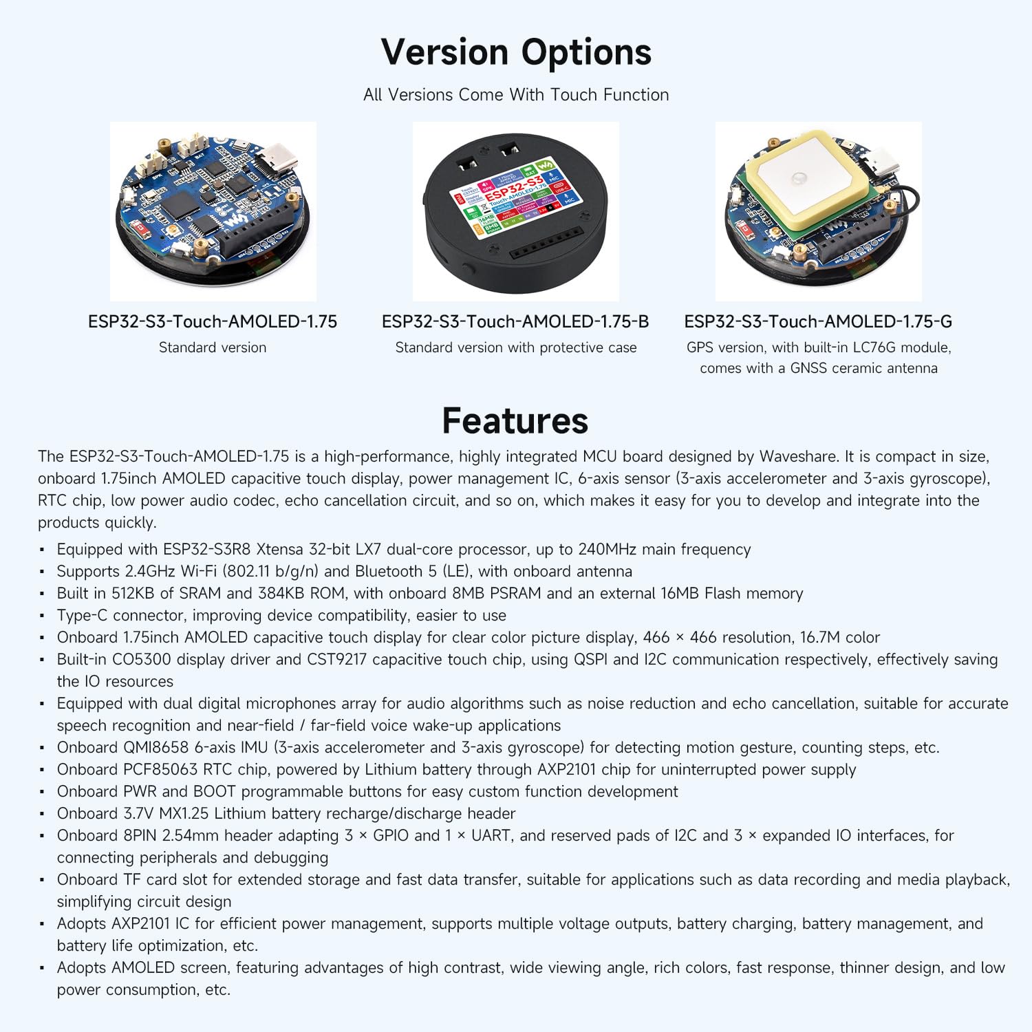 Waveshare ESP32-S3 1.75inch AMOLED Round Touch Display Development Board(GPS Version, No Case), 32-bit LX7 2-Core Processor, 466x466, QSPI Interface, 2 Digital Microphones Array, ESP32 with Display