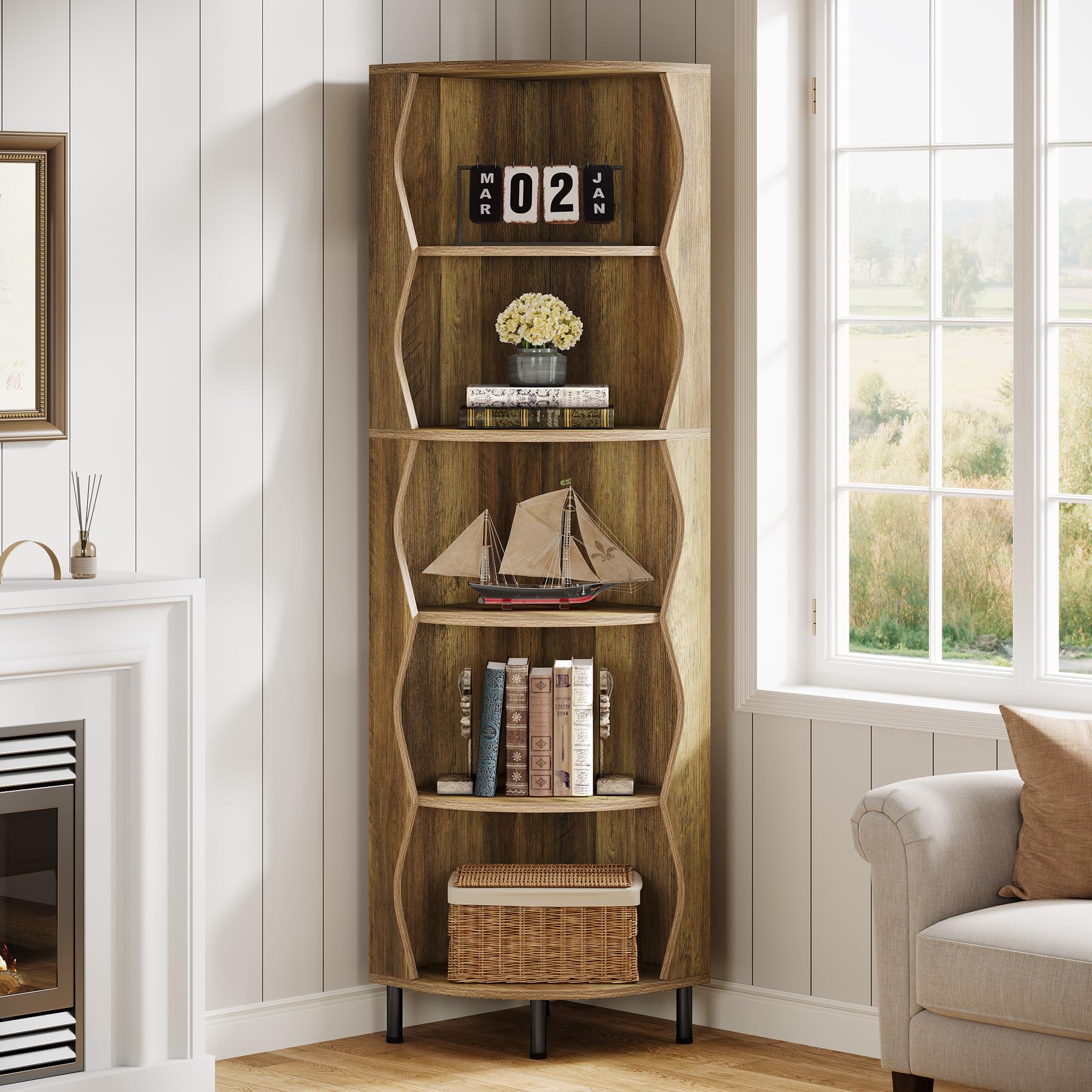 Tribesigns Eckregal 5 Ebenen 182 cm Hoch, Eckbücherregal Modern in Holz-Optik, Platzsparendes Standregal für Wohnzimmer & Schlafzimmer, Stabiles Ausstellungsregal Vintage Braun, 45 x 45 x 182 cm (1)