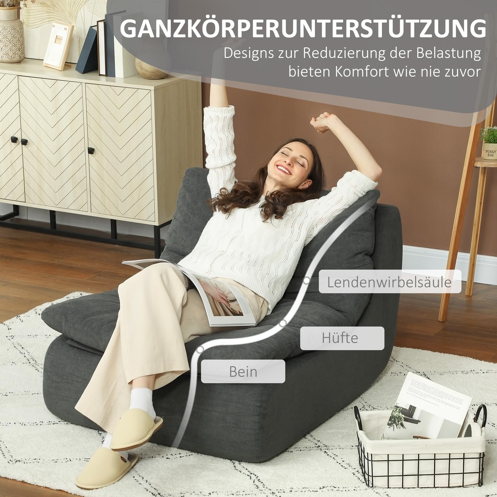 HOMCOM Bodenstuhl mit einteiligem ultrahochdichtem Schaumstoff, Bodensessel Lazy Sofa mit Samtoptik Meditationsstuhl Relaxsessel für Zuhause, Büro, Grau