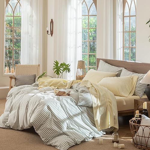 Miniatura 3 de MooMee Juego de sábanas 100% algodón lavado con textura parecida al lino transpirable duradero suave cómodo (jaspeado amarillo mantequilla, Queen)