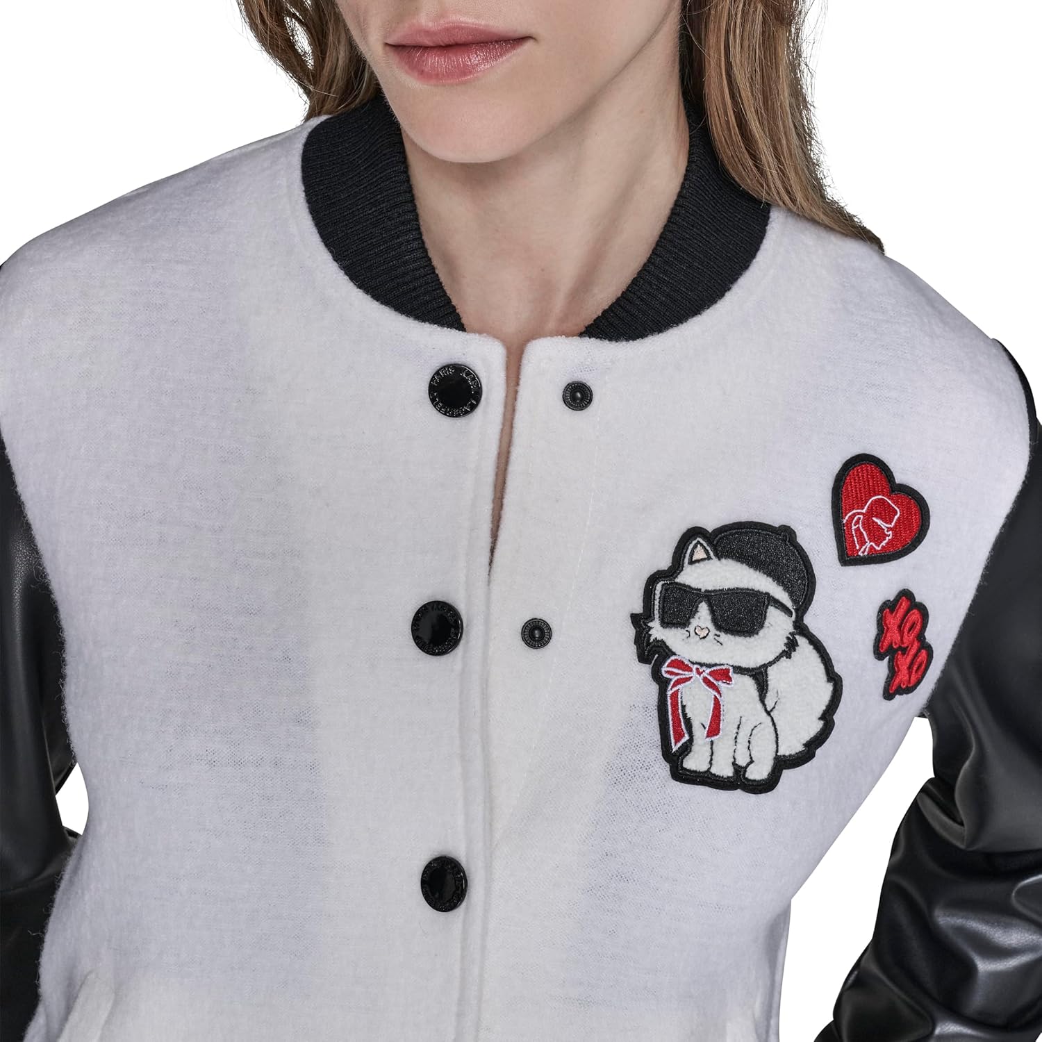 KARL LAGERFELD womens Long Sleeve Varsity Logo Patches Jacket - Image 4