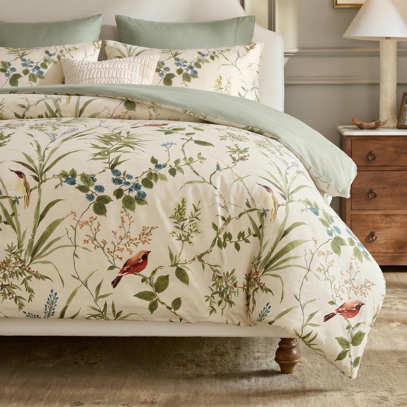 Herside Botanical Bedding Set Double Size 3PCS Green Leafs Bird Printed Duvet Cover Set Watercolor Floral Comforter Cover Set Soft Microfibre Quilt Cover All Season Bedding Set for Girls Adult