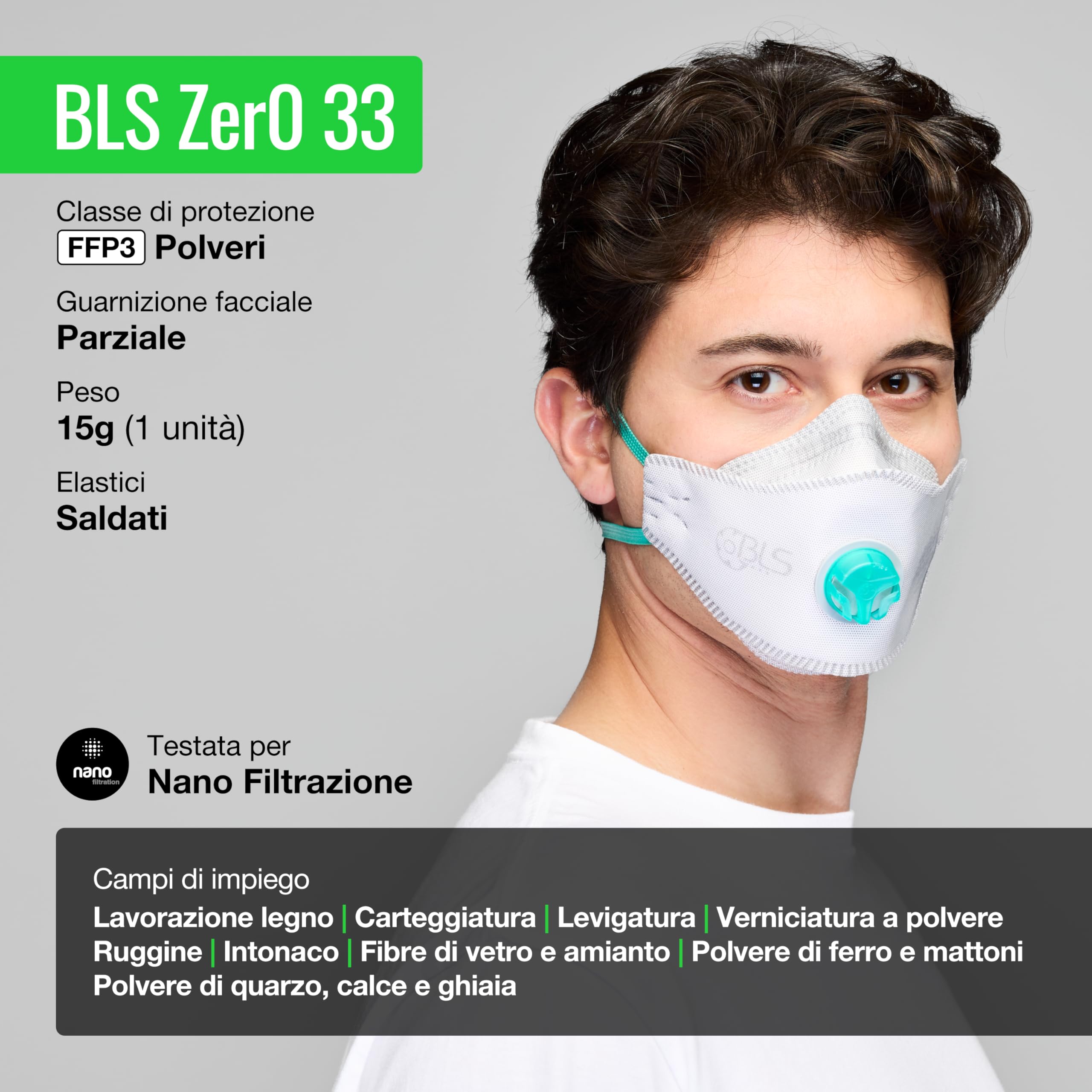 BLS Zer0 33 Facciali Filtranti Riutilizzabili FFP3 R D | Mascherine Piatte con Valvola di Espirazione e Imbustamento Singolo | Per Polveri, Falegnameria, Edilizia, Saldatura e Fai da Te