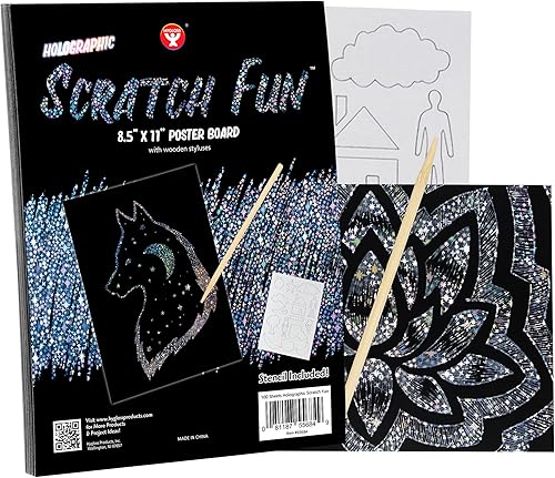Miniatura 1 de Hygloss Products Fun - Juego de arte negro mate para niños, incluye 50 papeles holográficos plateados, 8.5 x 11 pulgadas y 10 lápices de madera
