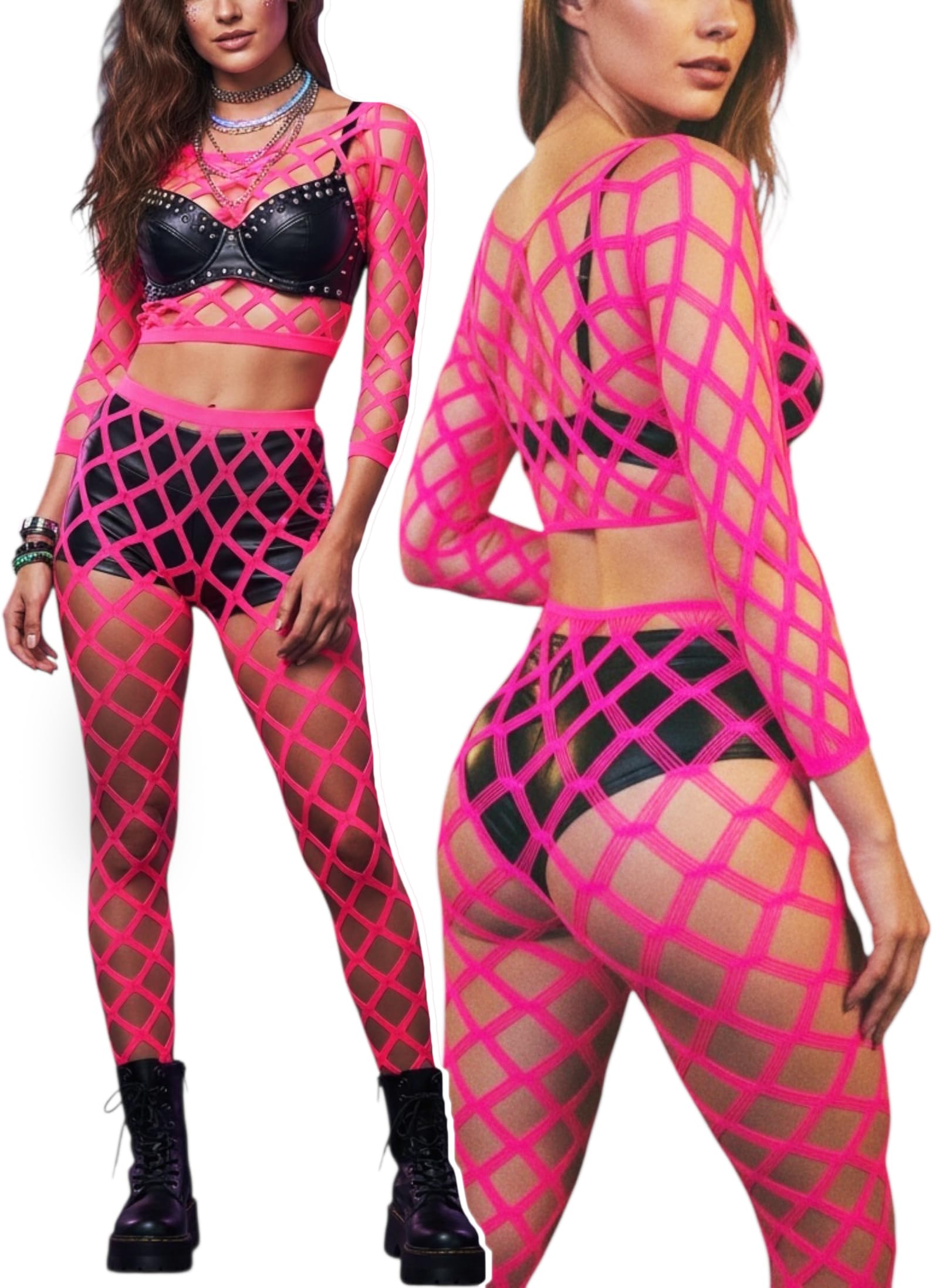 ToBeInStyle Women's Spandex Multi Net Fishnet Set Rave Novelty Party Crop Top &amp; Tights