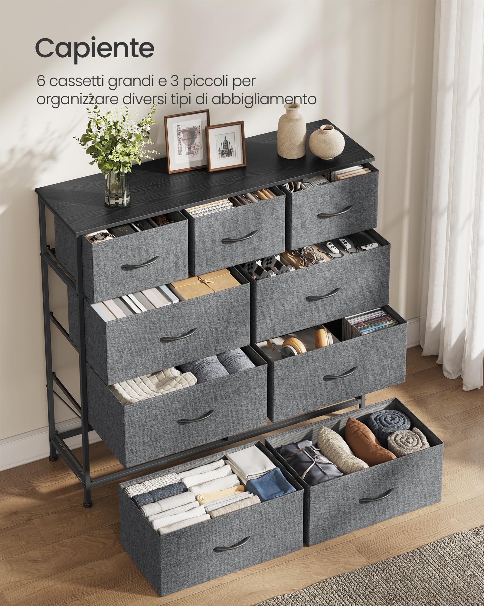 SONGMICS BELLAH Collezione - Cassettiera, Armadietto, Mobile contenitore in Acciaio, per Camera da Letto, ingresso o Soggiorno, 9 Cassetti, Stile Moderno, Grigio Ardesia, LGS324G101