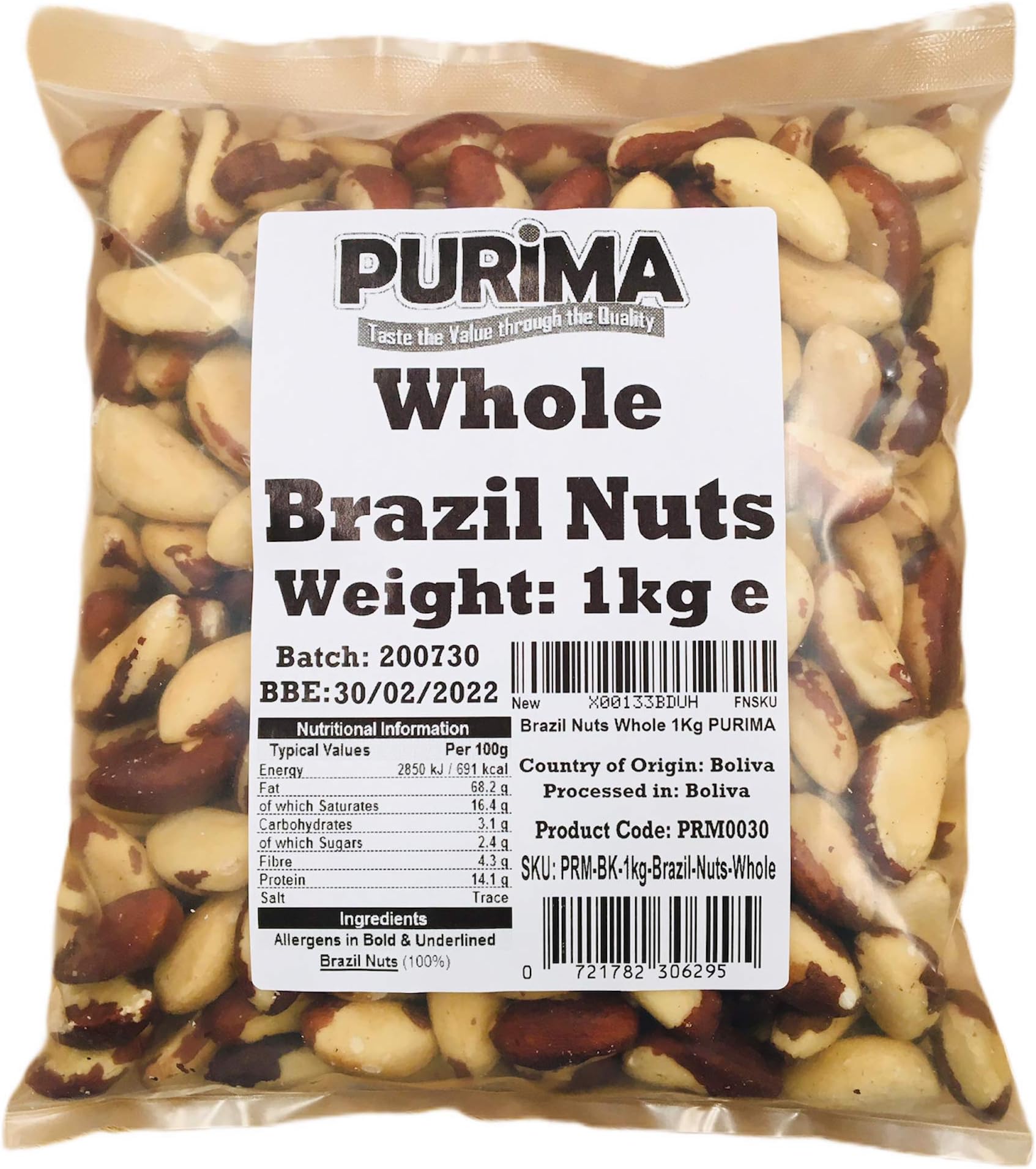 Brazil Nuts 1kg Raw Whole - 100% Fresh Natural Brazils 1 kg Bag - Premium Quality Edible Brazilian Nut - Source of Protein - Ideal for Keto & Paleo – Non GMO & Vegan PURIMA (1kg Bulk Packaging)