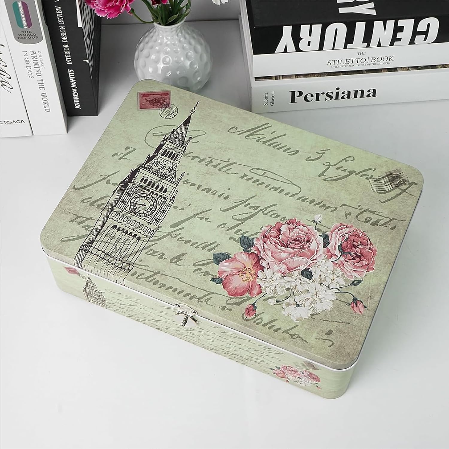 Luwint Secret Decorative Storage Box, Large Metal Keepsake Container Case with Lock and Key & Small Handheld Tin Box Gifts Home Decorations (Tower)