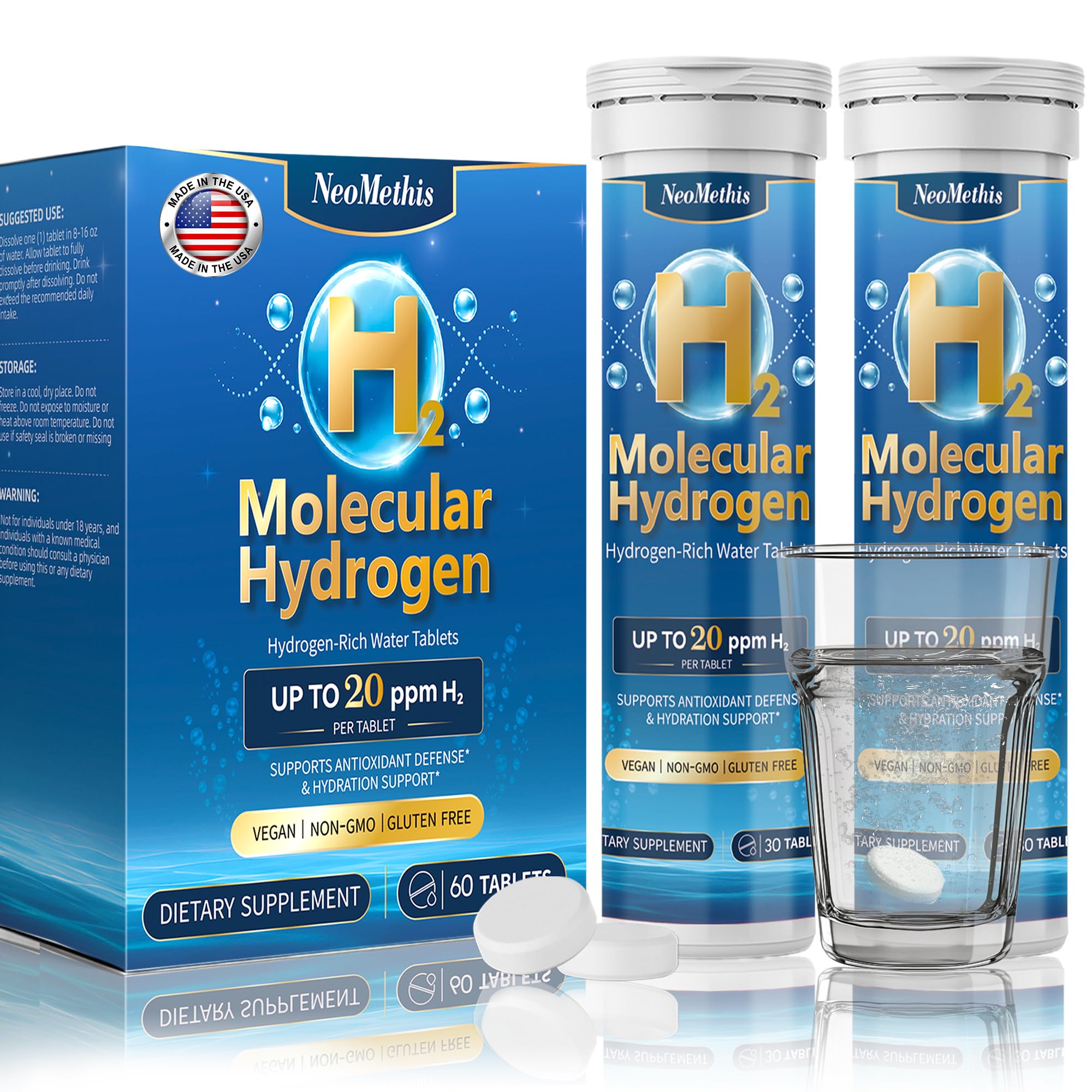 Hydrogen Water Tablets –Up to 20ppm | H2 Molecular Hydrogen + Elemental Magnesium | Fast-Dissolving Antioxidant Supplement | 60 Tablets | Supports Brain Health, Energy & Cellular Function