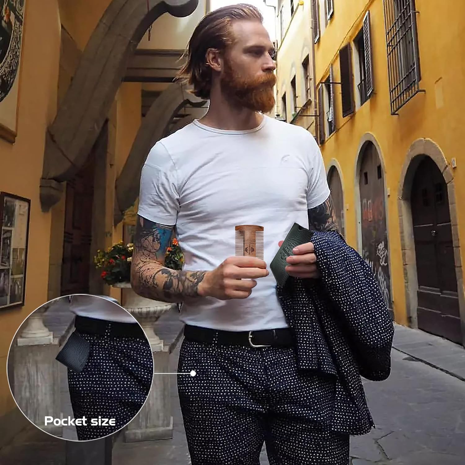 Premium Wood Beard Comb for Men - Great for Head Hair, Beard Grooming & Mustache - Fine & Coarse Dual Action Teeth - with PU Leather Case (Type A)