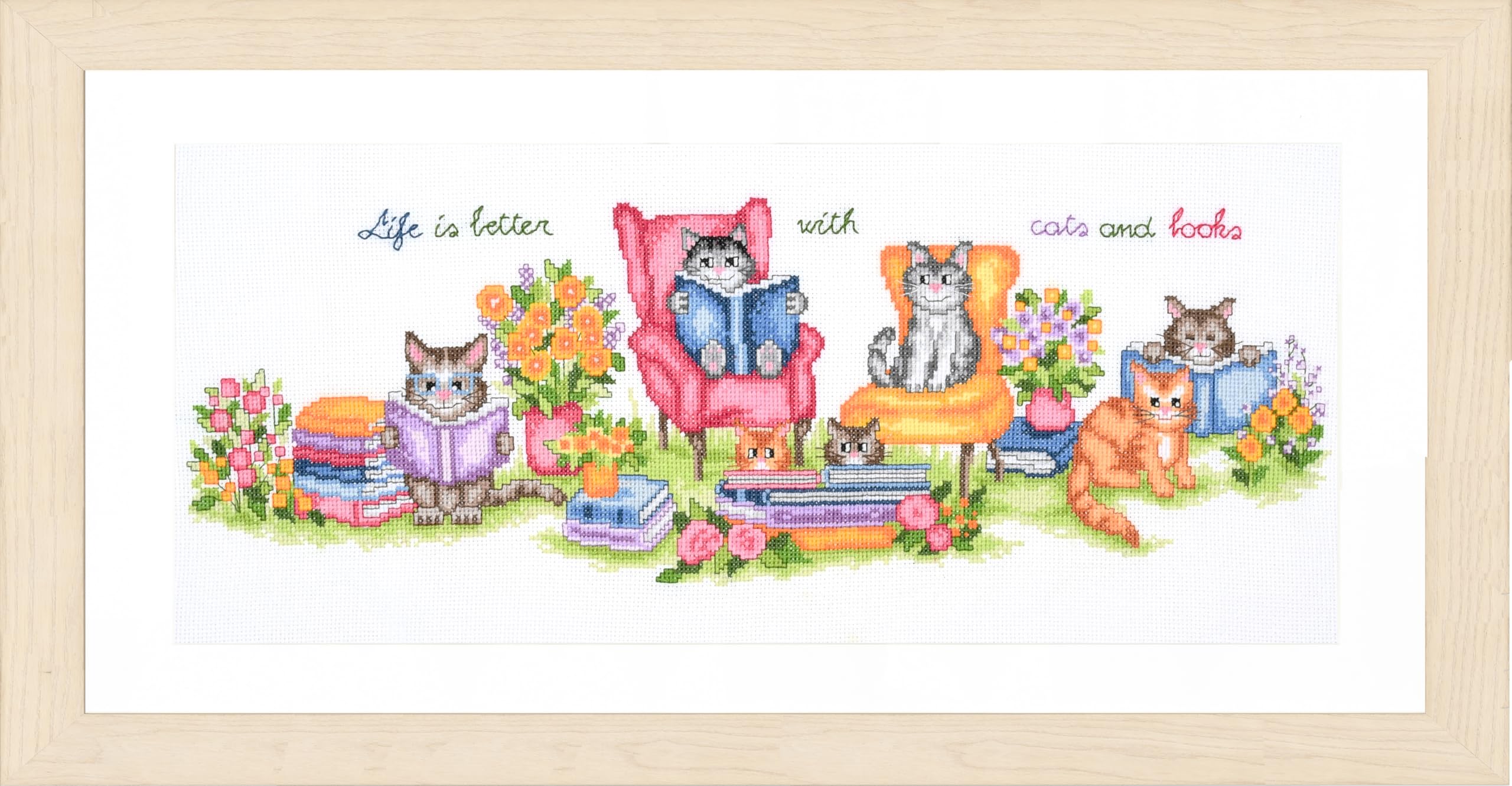 VERVACO Haft Krzyżykowy Liczony Zestaw Obraz do Haftu KOCIĘTA I KSIĄŻKI Zrób to Sam Zestaw Kreatywny dla Dorosłych 52 x 19 cm Dekoracja Ścienna DIY Cross Stitch Kit