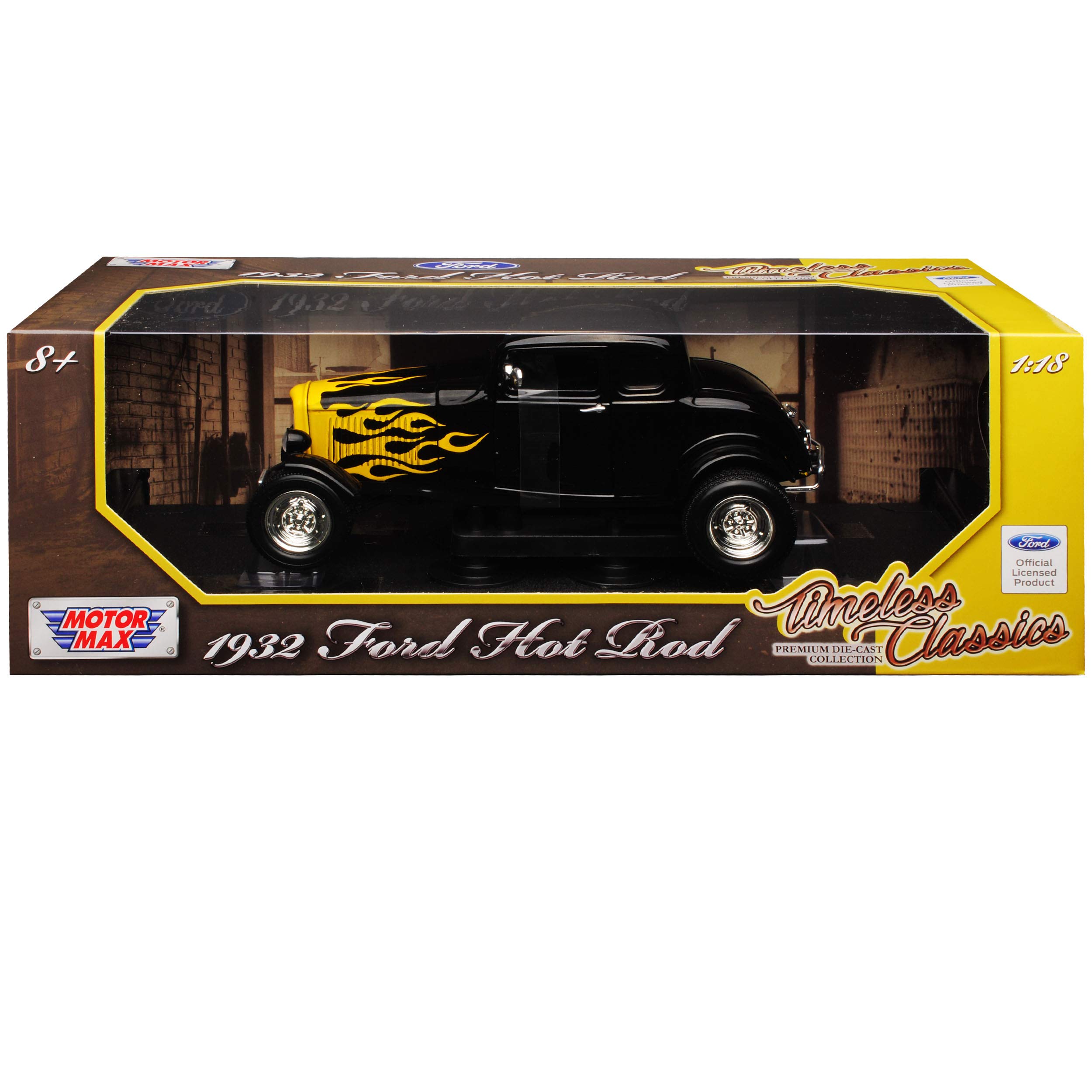 Motormax Ford Coupe Hot Rod Schwarz mit gelben Flammen 1932 1/18 Modell Auto mit individiuellem Wunschkennzeichen