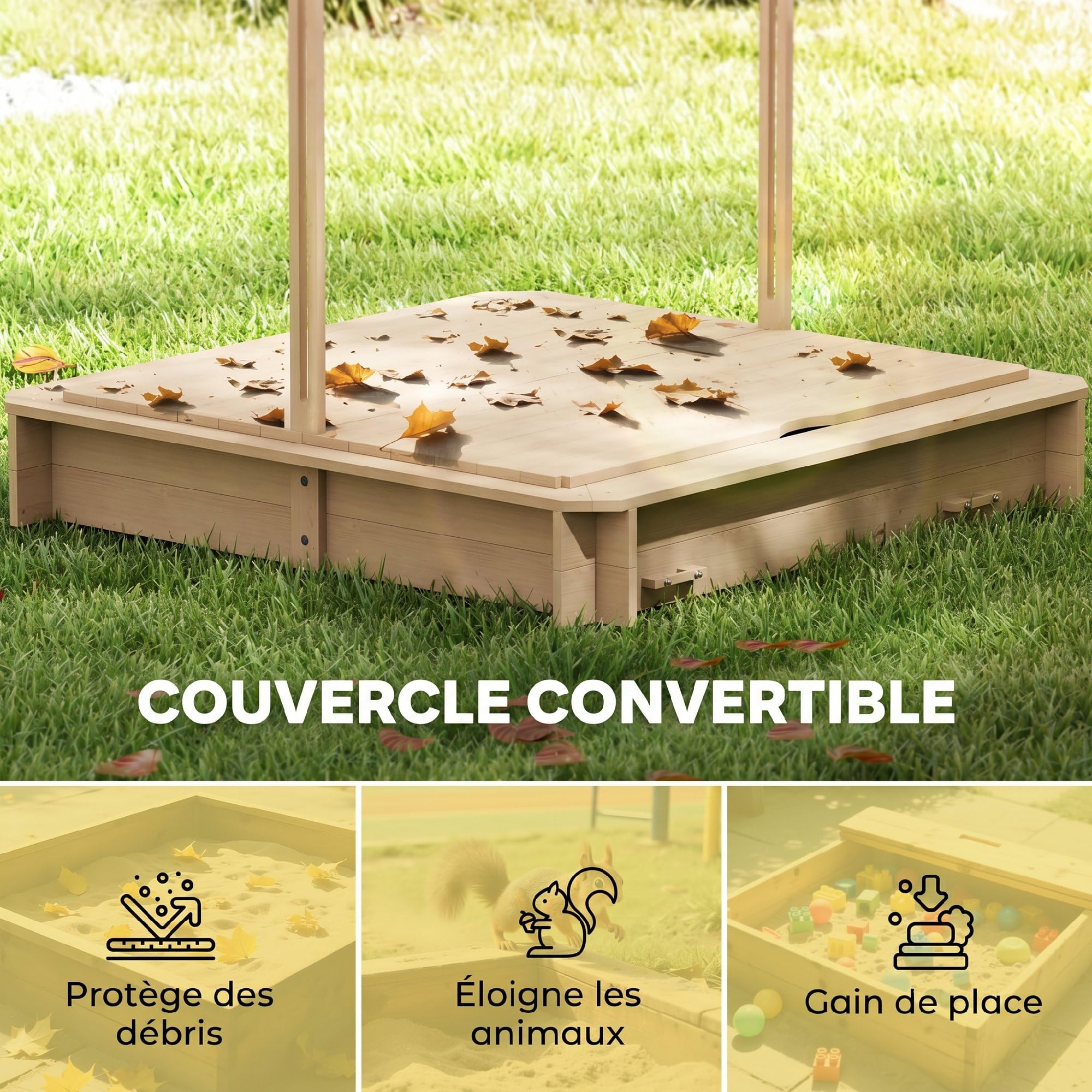 Outsunny Bac à Sable carré en Bois pour Enfants dim. 106L x 106l cm avec bancs et Couvercle - auvent réglable