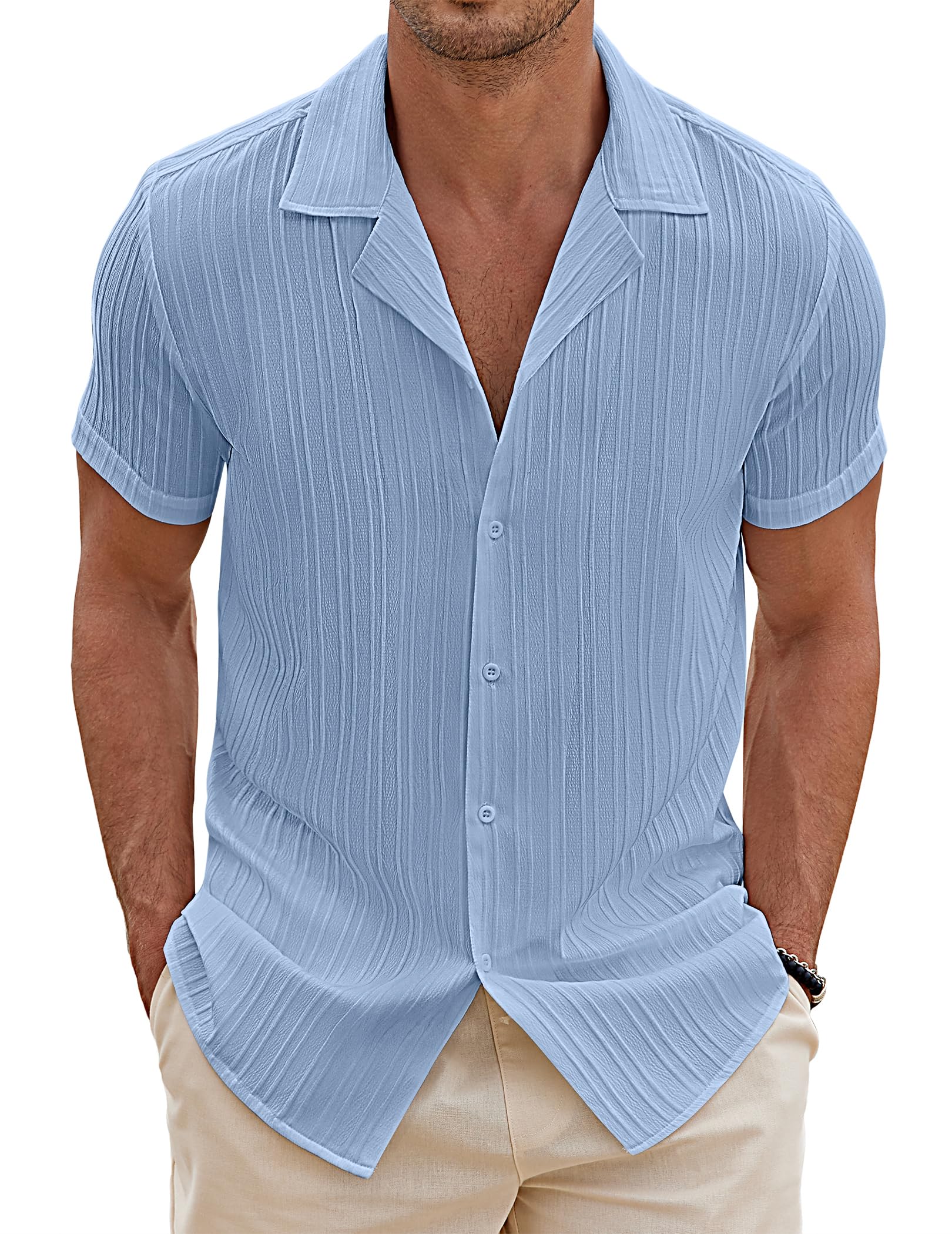 COOFANDY Herren Hemd Kurzarm Sommer Freizeithemd Kuban Kragen Hawaiihemd Gestreift Struktur Strand Hemden Guayabera Shirt