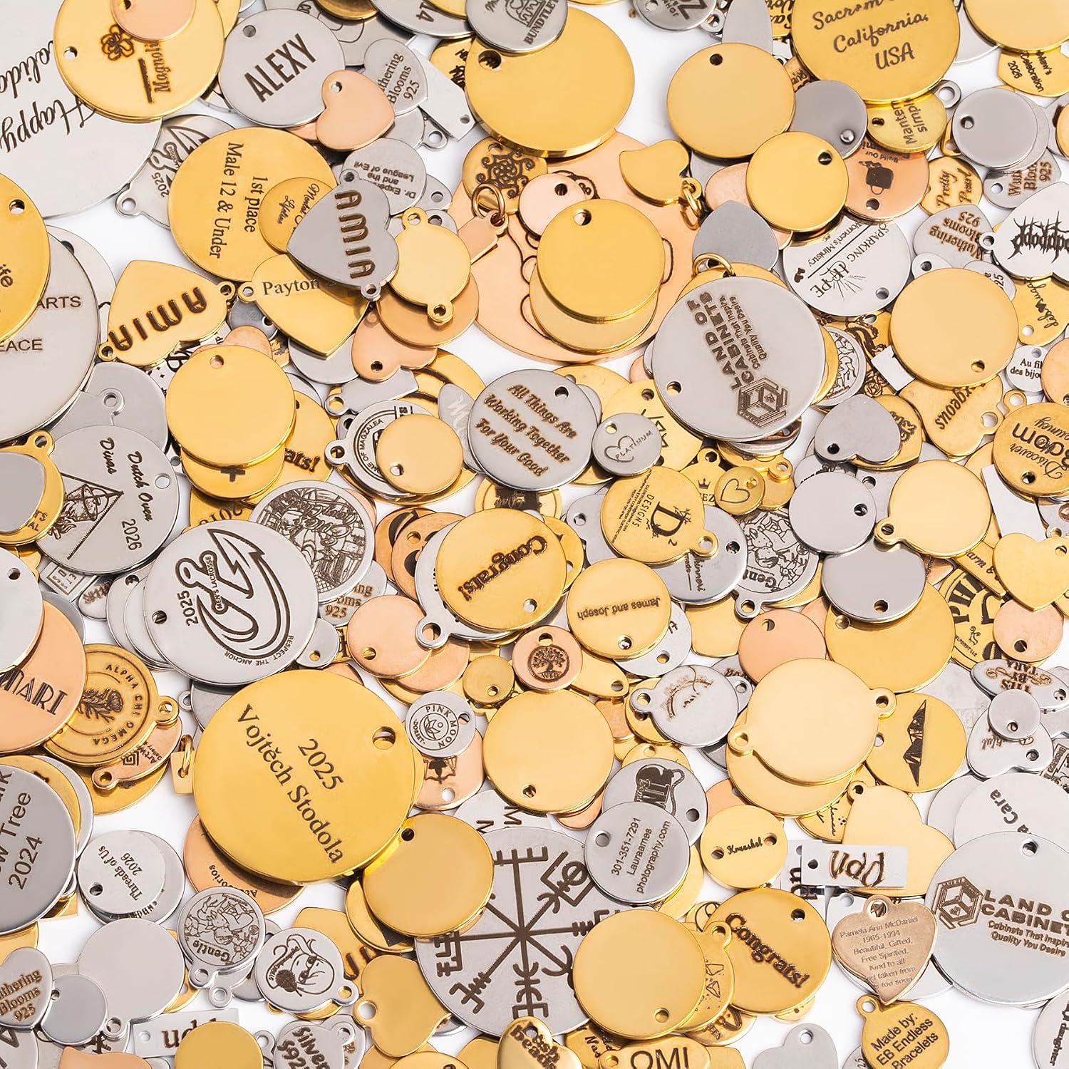 MeiceM Custom Engraved Stainless Steel Charms, Personalized Metal Tags Blank Discs,Gold/Silver/Rose Gold Laser Engraved Logo Text Symbols for Jewelry Making Necklaces Bracelets Keychains